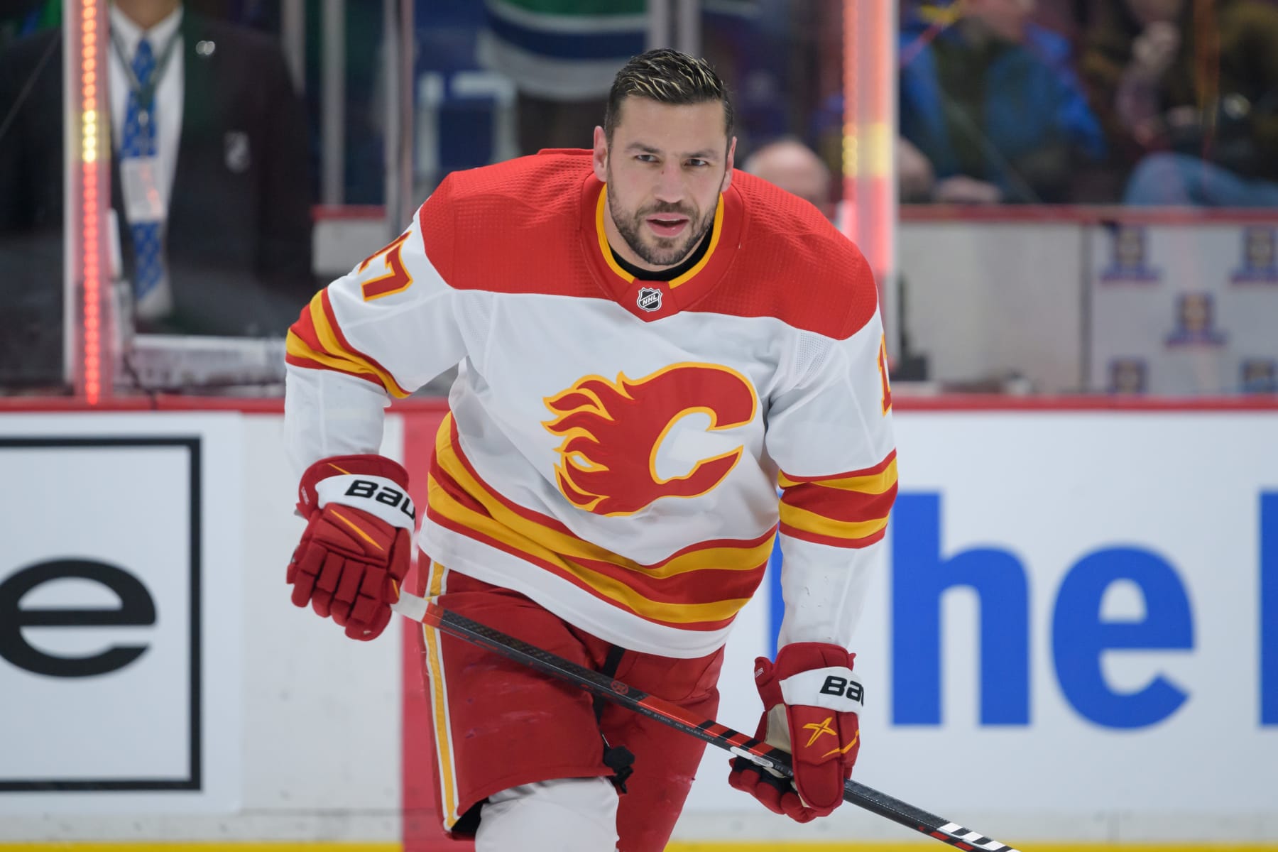 VANCOUVER, CANADA - APRIL 8: Milan Lucic #17 of the Calgary Flames skates up ice during warm-up prior to their NHL game against the Vancouver Canucks at Rogers Arena on April 8, 2023 in Vancouver, British Columbia, Canada. (Photo by Derek Cain/Getty Images)