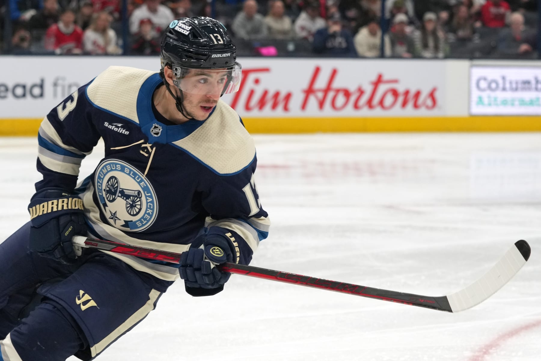 COLUMBUS, OHIO - FEBRUARY 29: Johnny Gaudreau #13 of the Columbus Blue Jackets skates during the second period against the Carolina Hurricanes at Nationwide Arena on February 29, 2024 in Columbus, Ohio. (Photo by Jason Mowry/Getty Images)