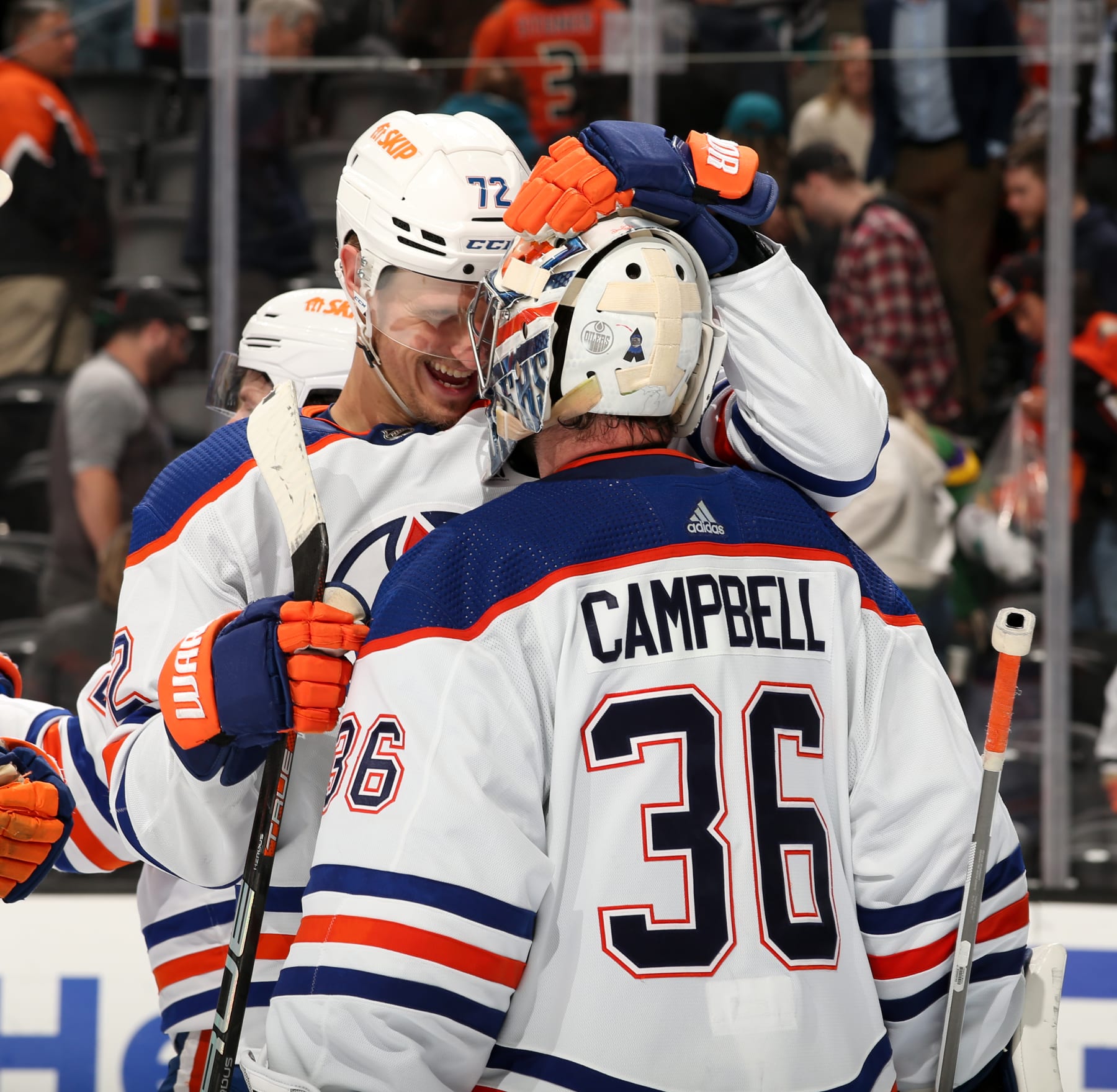 ANAHEIM, CA - APRIL 5:  Nick Bjugstad #72 and Jack Campbell #36 of the Edmonton Oilers celebrate their win post game against the Anaheim Ducks at Honda Center on April 5, 2023 in Anaheim, California. (Photo by Debora Robinson/NHLI via Getty Images)