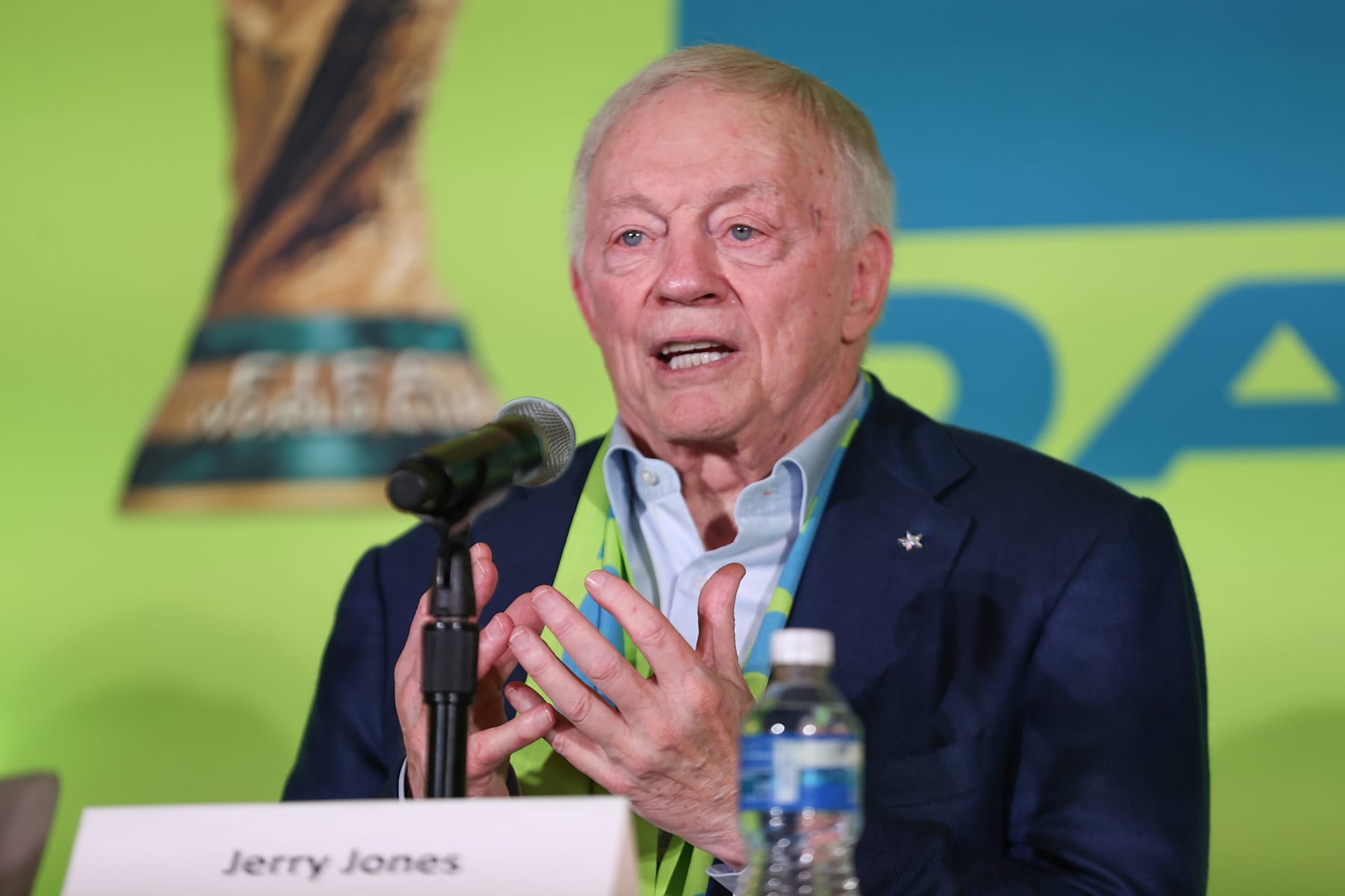 ARLINGTON, TEXAS - FEBRUARY 4: Owner and general manager of the Dallas Cowboys Jerry Jones speaks during the FIFA World Cup 2026 Match Schedule Announcement at AT&T Stadium on February 4, 2024 in Arlington, Texas. (Photo by Omar Vega/Getty Images)