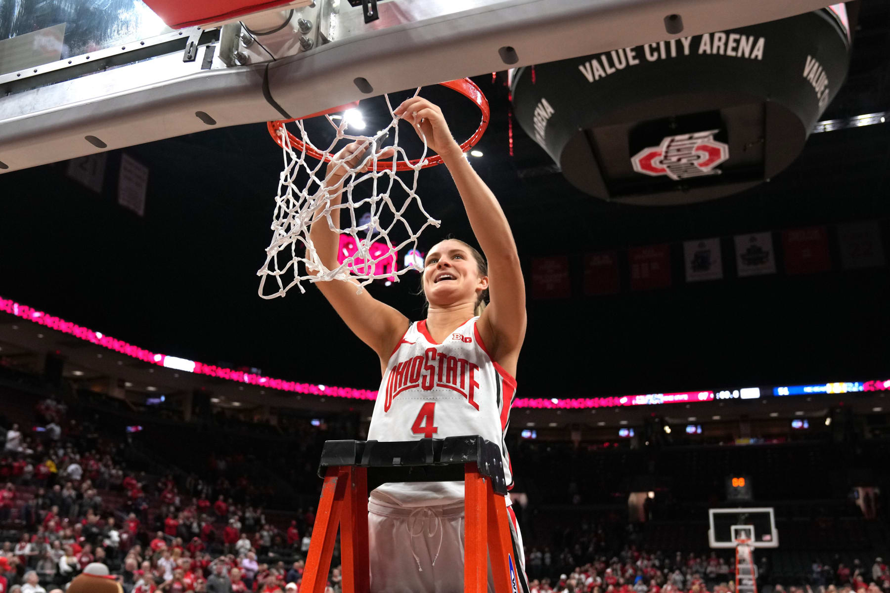 COLUMBUS, OH - FEBRUARY 28: Jacy Sheldon #4 of the Ohio State Buckeyes cuts down part of the net against the Michigan Wolverines at Value City Arena in Columbus, Ohio on February 28, 2024. (Photo by Jason Mowry/Icon Sportswire via Getty Images)