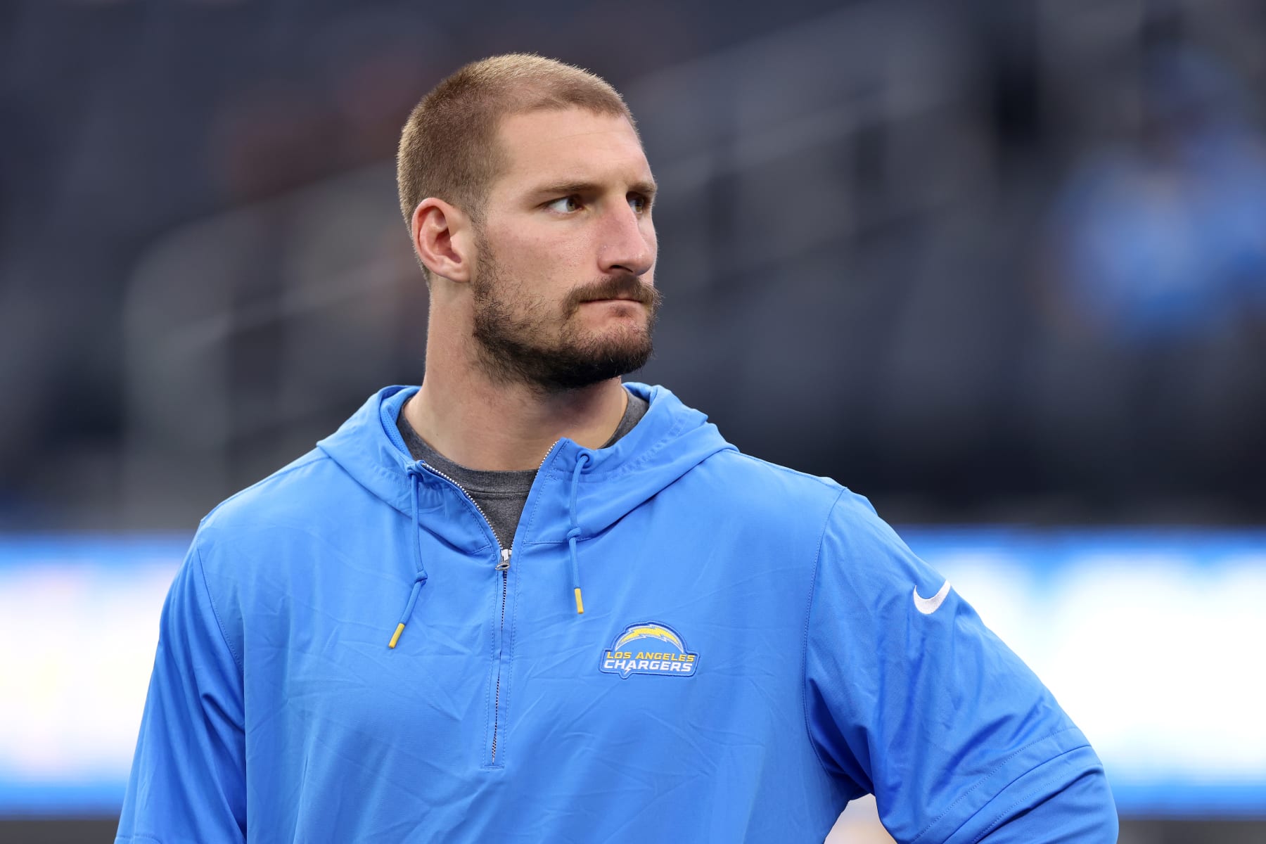 INGLEWOOD, CALIFORNIA - AUGUST 20: Joey Bosa #97 of the Los Angeles Chargers looks on prior to the preseason game against the New Orleans Saints at SoFi Stadium on August 20, 2023 in Inglewood, California. (Photo by Katelyn Mulcahy/Getty Images)