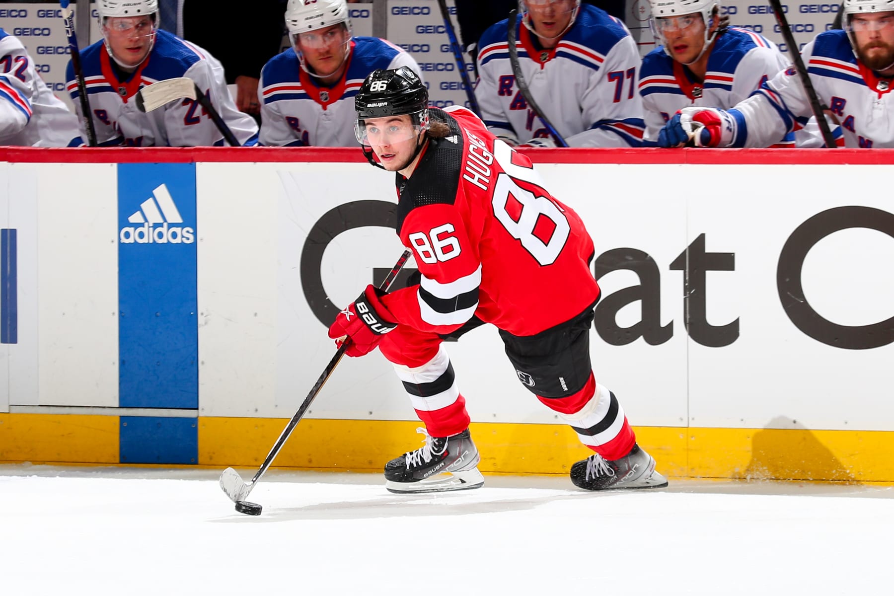 NEWARK, NEW JERSEY - APRIL 18:  Jack Hughes #86 of the New Jersey Devils skates during Game One of the First Round of the 2023 Stanley Cup Playoffs against the New York Rangers at the Prudential Center on April 18, 2023 in Newark, New Jersey.  (Photo by Rich Graessle/NHLI via Getty Images)