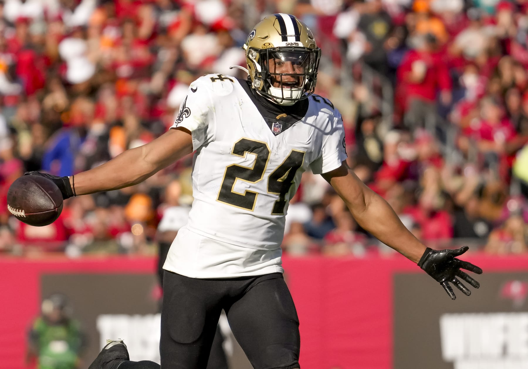 TAMPA, FL - DECEMBER 31:New Orleans Saints safety Johnathan Abram (24) intercepts the ball and seals the game  during the NFL Football match between the Tampa Bay Bucs and New Orleans Saints on December 31st, 2023 at Raymond James Stadium, Tampa FL. (Photo by Andrew Bershaw/Icon Sportswire via Getty Images)