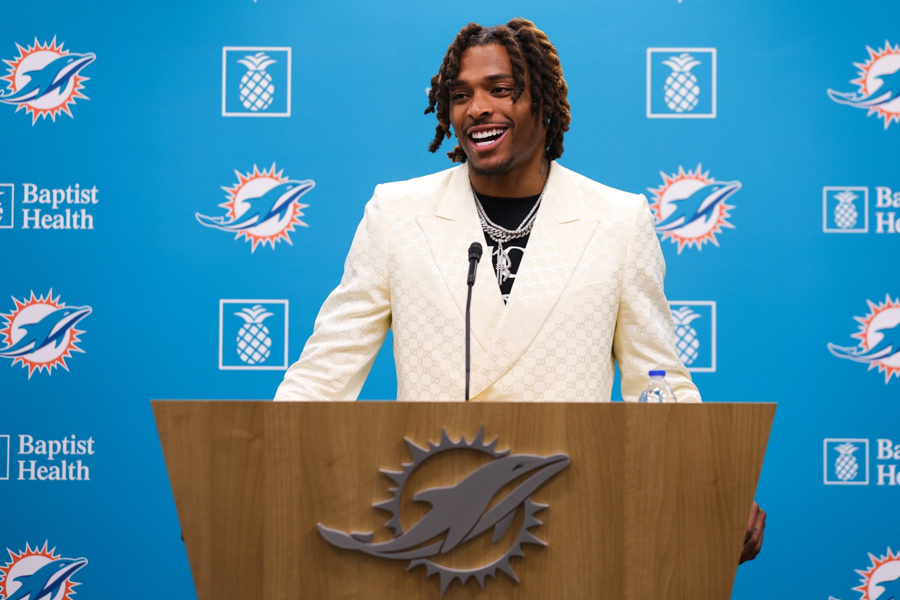 MIAMI GARDENS, FLORIDA - MARCH 16: Jalen Ramsey of the Miami Dolphins speaks to the media during a press conference where he was introduced at Baptist Health Training Complex on March 16, 2023 in Miami Gardens, Florida. (Photo by Megan Briggs/Getty Images)