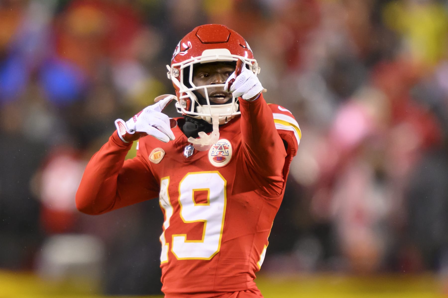 Kansas City Chiefs wide receiver Kadarius Toney celebrates a first down during the first half of an NFL football game against the Philadelphia Eagles, Monday, Nov. 20, 2023 in Kansas City, Mo. (AP Photo/Reed Hoffmann)