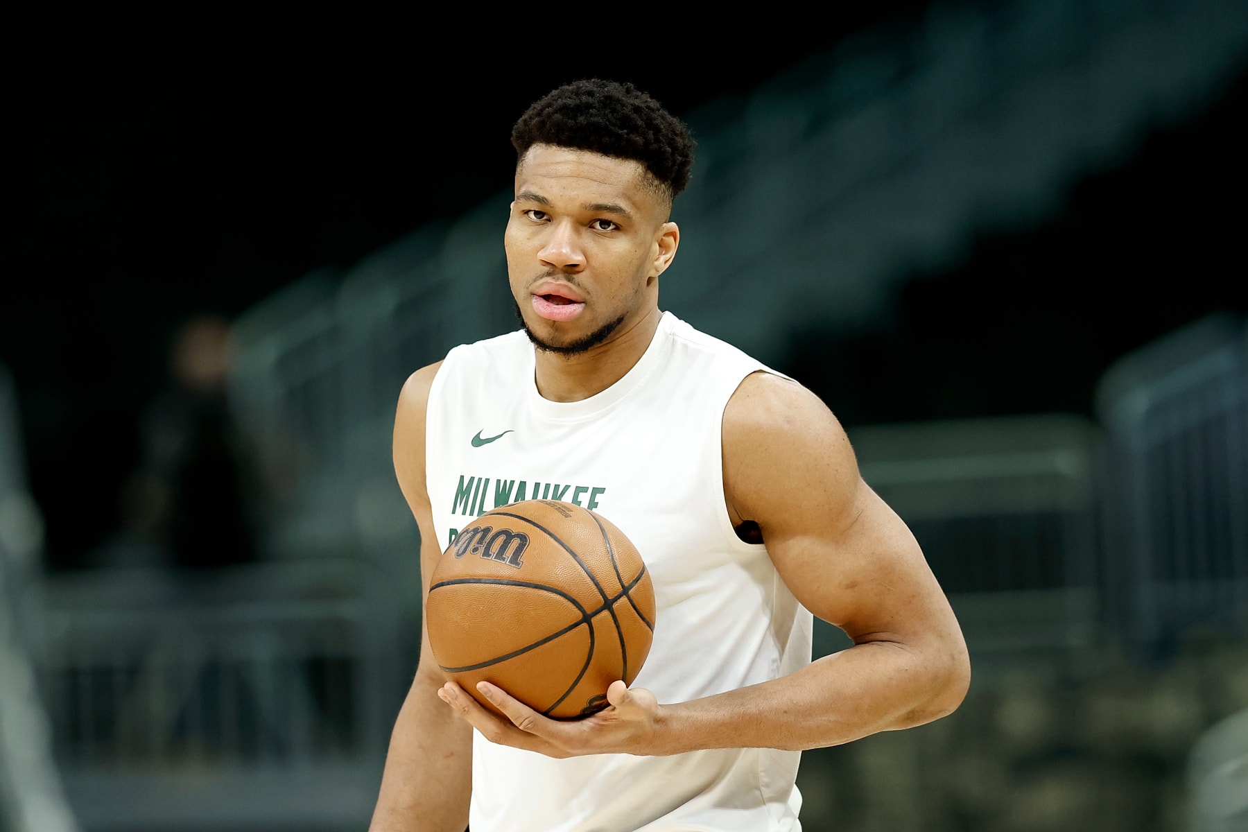 MILWAUKEE, WISCONSIN - APRIL 03: Giannis Antetokounmpo #34 of the Milwaukee Bucks works out before the game against the Memphis Grizzlies at Fiserv Forum on April 03, 2024 in Milwaukee, Wisconsin. NOTE TO USER: User expressly acknowledges and agrees that, by downloading and or using this photograph, User is consenting to the terms and conditions of the Getty Images License Agreement. (Photo by John Fisher/Getty Images)