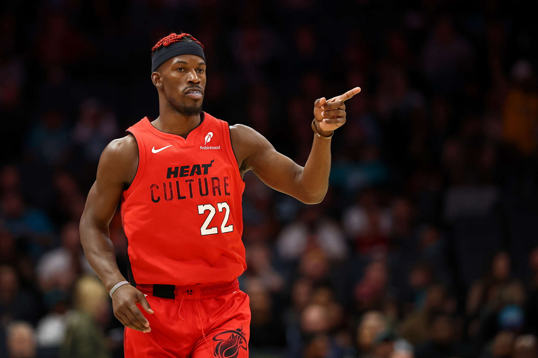 CHARLOTTE, NORTH CAROLINA - NOVEMBER 27: Jimmy Butler #22 of the Miami Heat reacts during the second half of the game against the Charlotte Hornets at Spectrum Center on November 27, 2024 in Charlotte, North Carolina. NOTE TO USER: User expressly acknowledges and agrees that, by downloading and or using this photograph, User is consenting to the terms and conditions of the Getty Images License Agreement. (Photo by Jared C. Tilton/Getty Images)