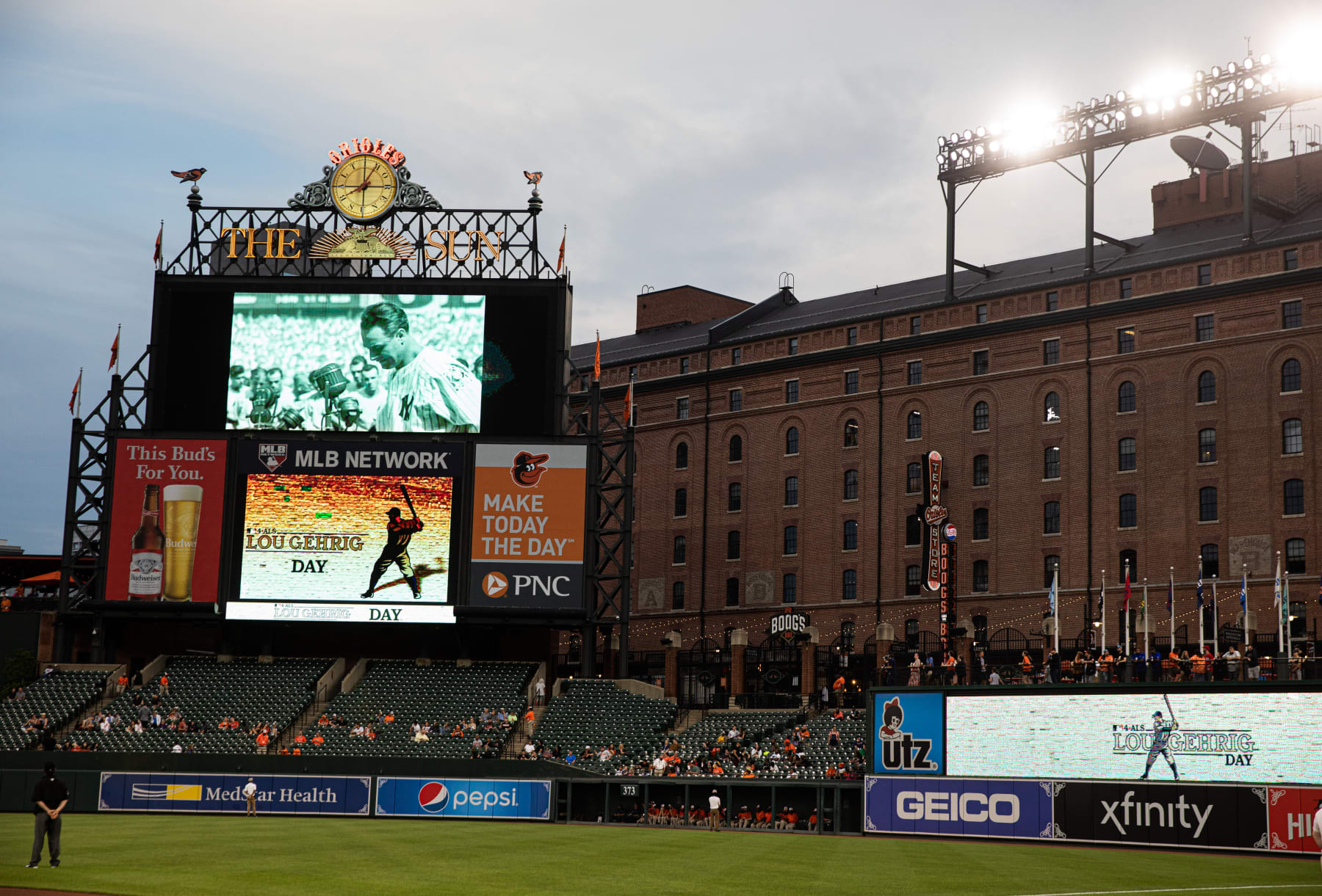 BALTIMORE, MD - JUNE 02: A general view of the outfield scoreboard as a video honoring ALS Lou Gehrig Day plays during the game between the Minnesota Twins and the Baltimore Orioles at Oriole Park at Camden Yards on Wednesday, June 2, 2021 in Baltimore, Maryland. (Photo by Rob Tringali/MLB Photos via Getty Images)
