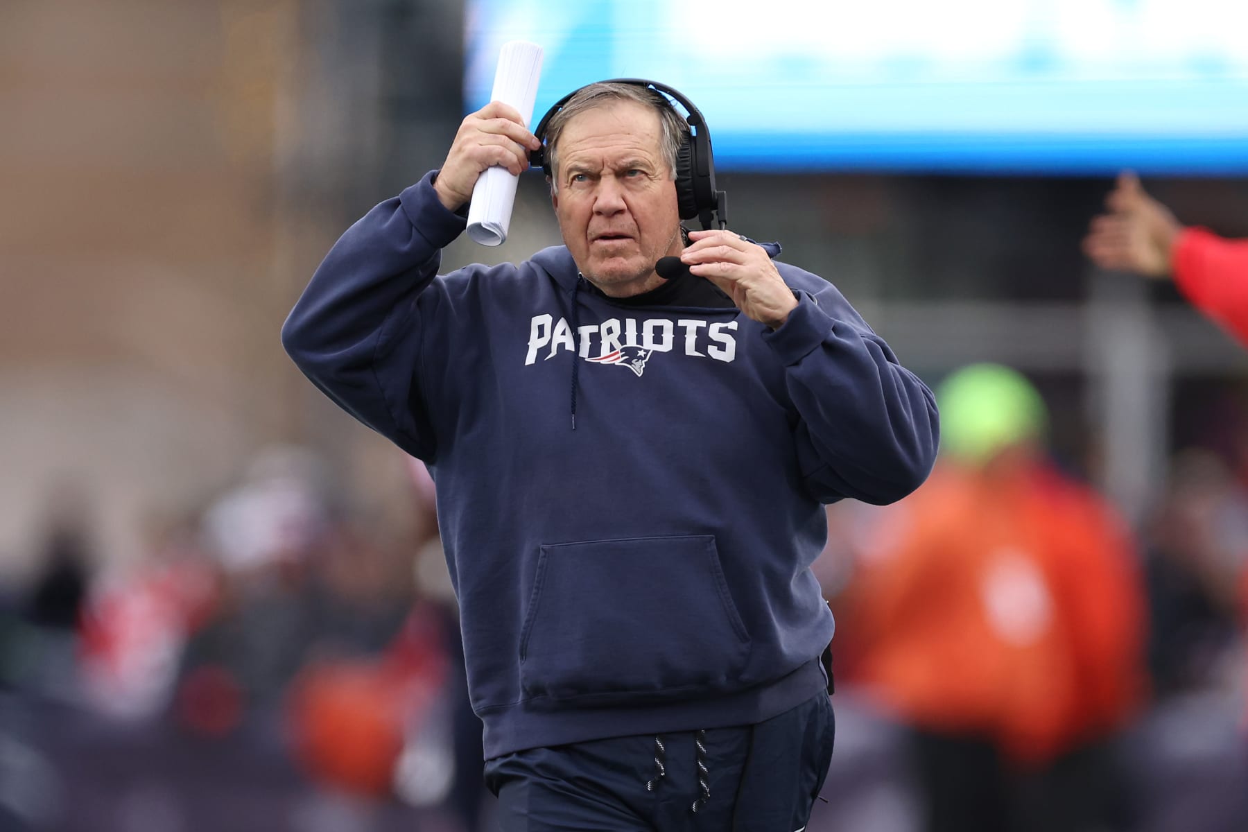 FOXBOROUGH, MASSACHUSETTS - DECEMBER 17: Head coach Bill Belichick of the New England Patriots looks on during the second quarter against the Kansas City Chiefs at Gillette Stadium on December 17, 2023 in Foxborough, Massachusetts. (Photo by Maddie Meyer/Getty Images)