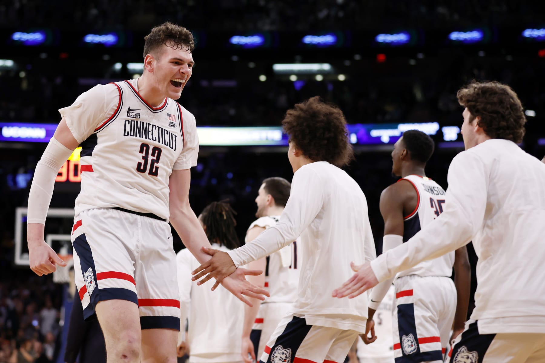 NEW YORK, NEW YORK - MARCH 16: Donovan Clingan #32 of the Connecticut Huskies reacts in the second half against the Marquette Golden Eagles during the Big East Basketball Tournament Final at Madison Square Garden on March 16, 2024 in New York City. The Huskies won 73-57. (Photo by Sarah Stier/Getty Images)
