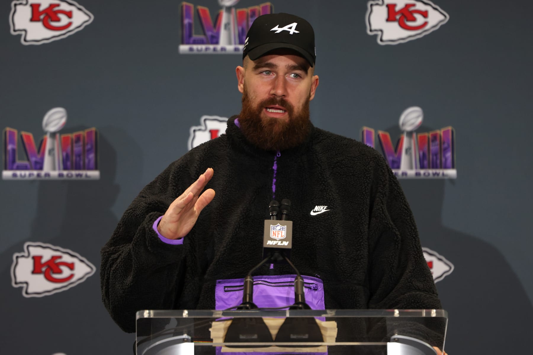 HENDERSON, NEVADA - FEBRUARY 08: Travis Kelce of the Kansas City Chiefs speaks to the media during Kansas City Chiefs media availability ahead of Super Bowl LVIII at Westin Lake Las Vegas Resort and Spa on February 08, 2024 in Henderson, Nevada. (Photo by Jamie Squire/Getty Images)