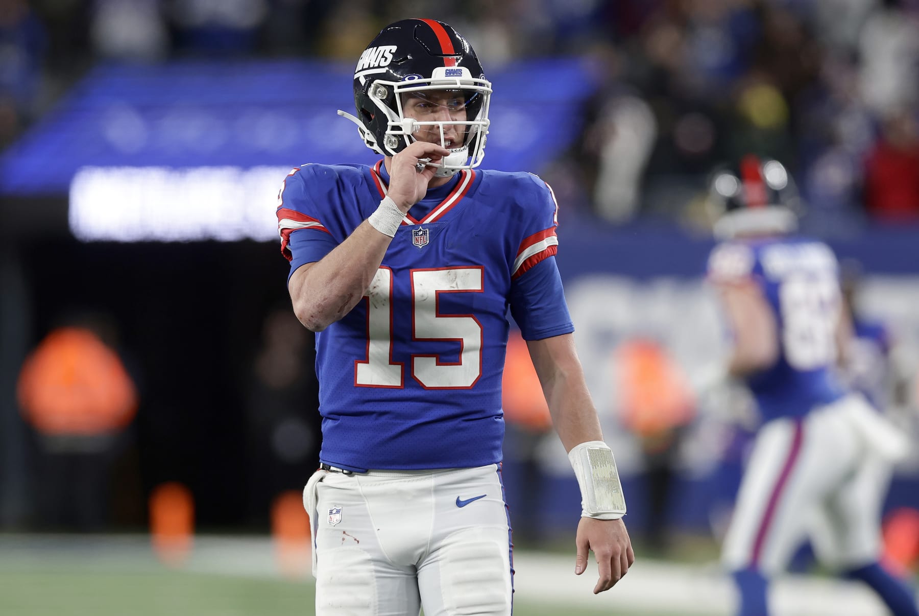 EAST RUTHERFORD, NEW JERSEY - DECEMBER 11: (NEW YORK DAILIES OUT)  Tommy DeVito #15 of the New York Giants in action against the Green Bay Packers at MetLife Stadium on December 11, 2023 in East Rutherford, New Jersey. The Giants defeated the Packers 24-22. (Photo by Jim McIsaac/Getty Images)