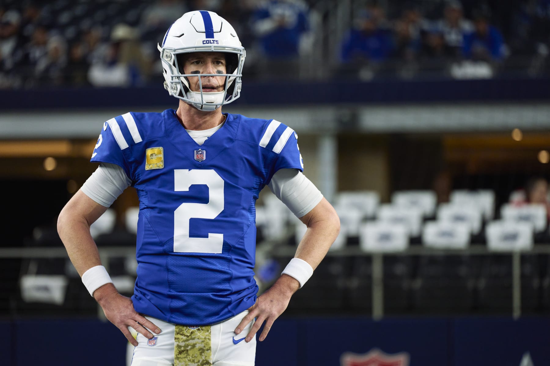 ARLINGTON, TX - DECEMBER 04: Matt Ryan #2 of the Indianapolis Colts warms up before kickoff against the Dallas Cowboys at AT&T Stadium on December 4, 2022 in Arlington, Texas. (Photo by Cooper Neill/Getty Images)