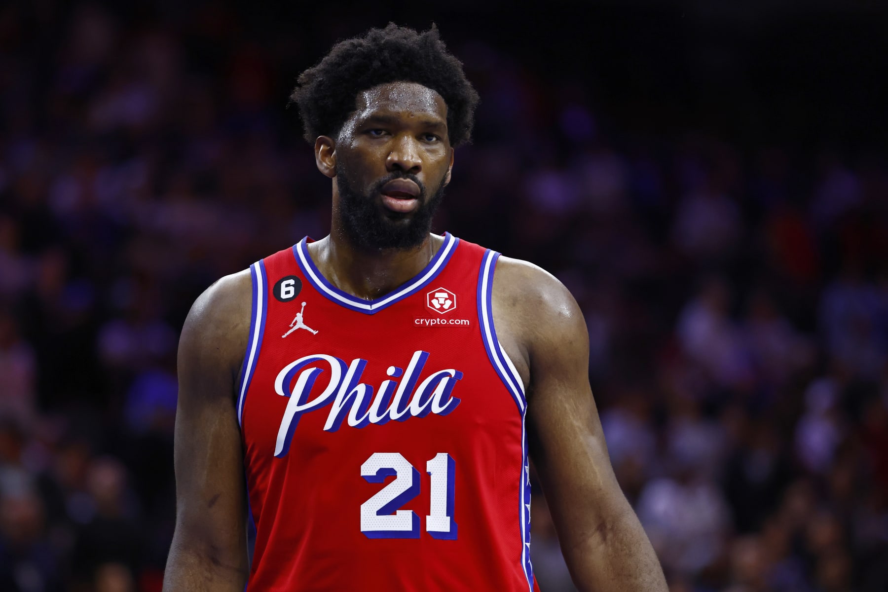 PHILADELPHIA, PA - MARCH 10: Joel Embiid #21 of the Philadelphia 76ers reacts during a game against the Portland Trail Blazers at Wells Fargo Center on March 10, 2023 in Philadelphia, Pennsylvania. The 76ers defeated the Trail Blazers 120-119. NOTE TO USER: User expressly acknowledges and agrees that, by downloading and or using this photograph, User is consenting to the terms and conditions of the Getty Images License Agreement. (Photo by Rich Schultz/Getty Images)