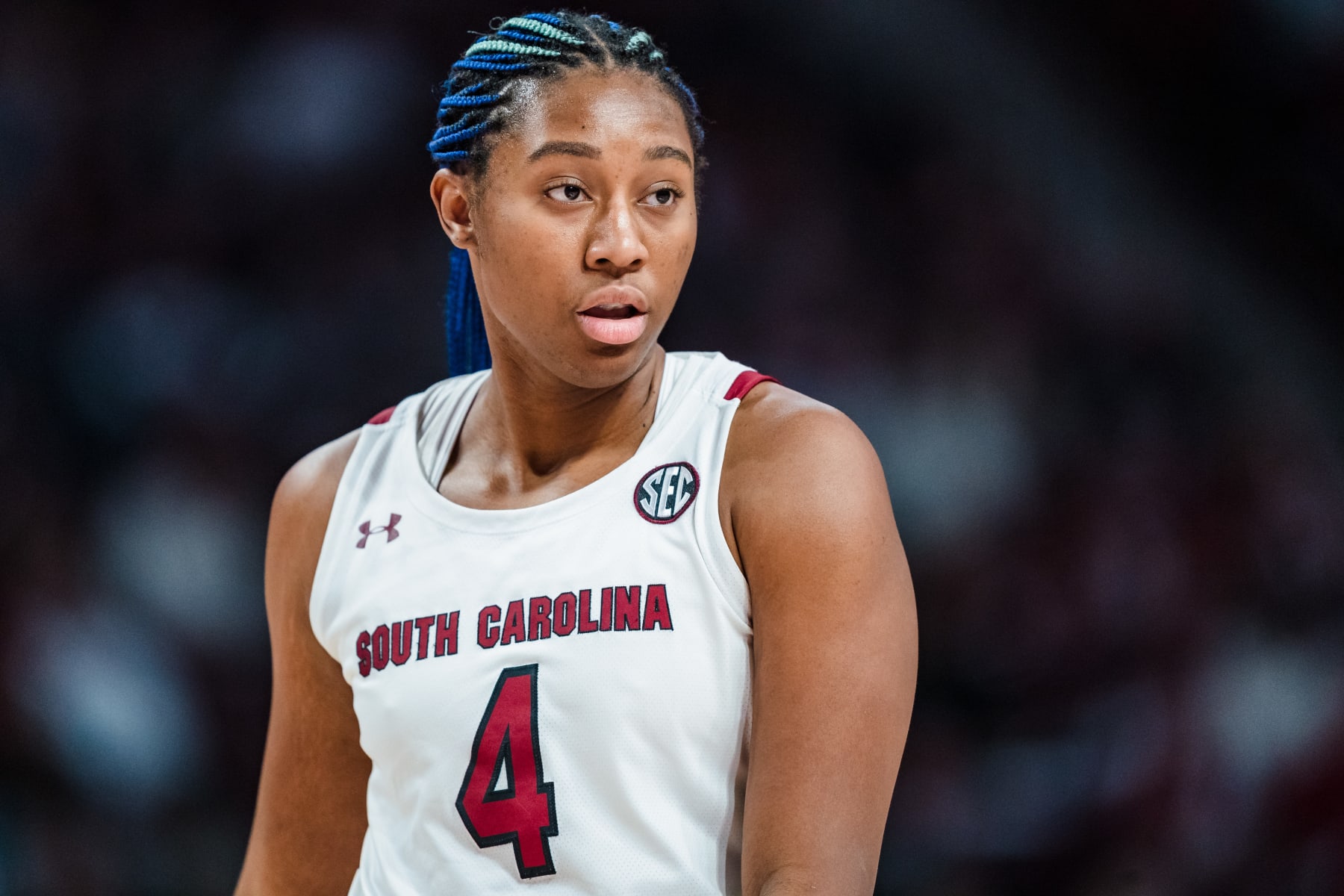COLUMBIA, SOUTH CAROLINA - JANUARY 22: Aliyah Boston #4 of the South Carolina Gamecocks looks on during their game against the Arkansas Razorbacks at Colonial Life Arena on January 22, 2023 in Columbia, South Carolina. (Photo by Jacob Kupferman/Getty Images)