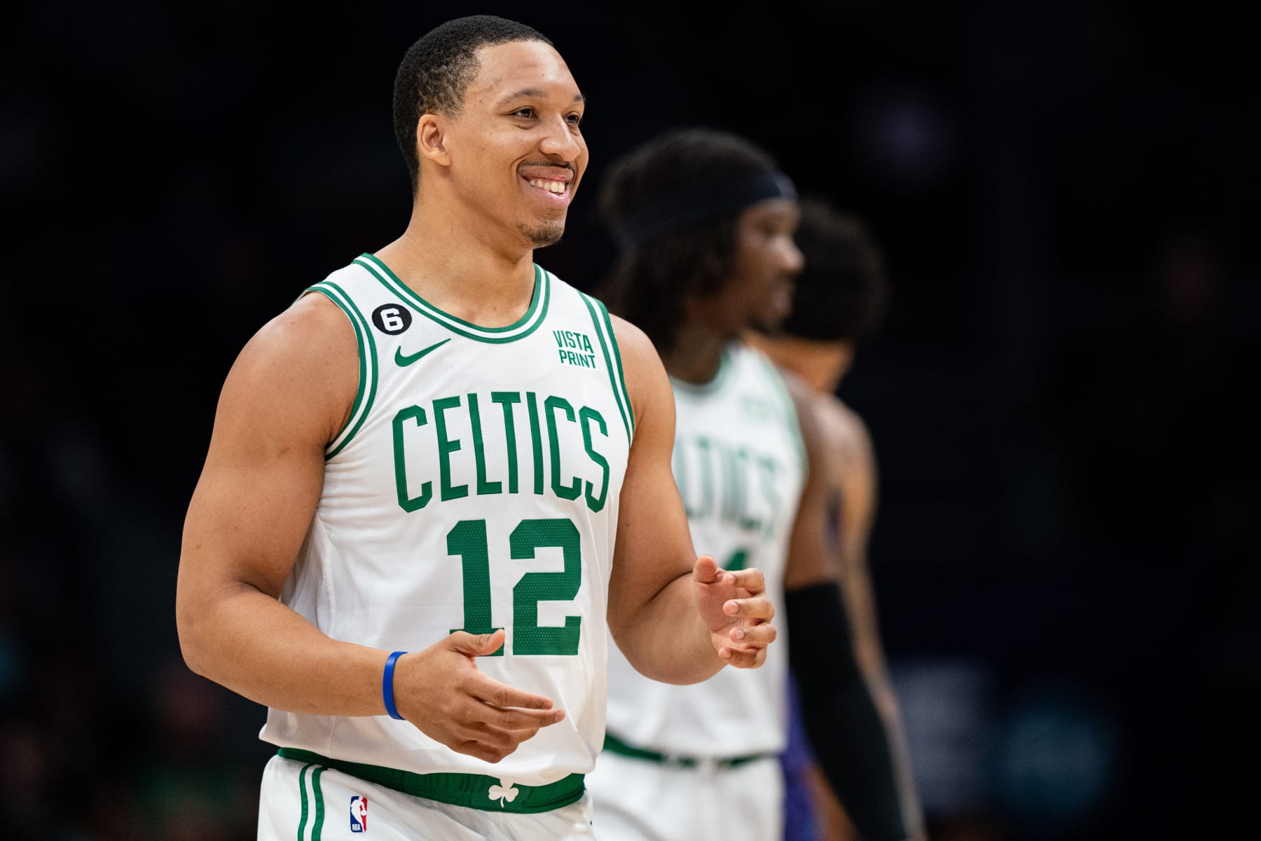 CHARLOTTE, NORTH CAROLINA - JANUARY 14: Grant Williams #12 of the Boston Celtics reacts during their game against the Charlotte Hornets at Spectrum Center on January 14, 2023 in Charlotte, North Carolina. NOTE TO USER: User expressly acknowledges and agrees that, by downloading and or using this photograph, User is consenting to the terms and conditions of the Getty Images License Agreement. (Photo by Jacob Kupferman/Getty Images)