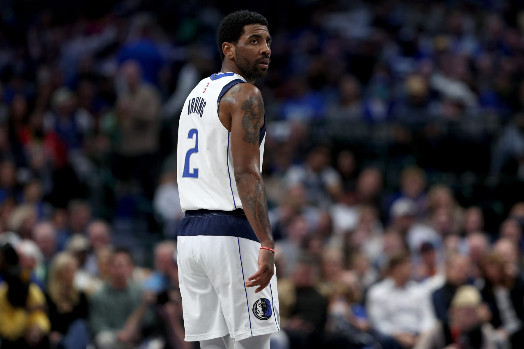DALLAS, TEXAS - MARCH 07: Kyrie Irving #2 of the Dallas Mavericks reacts while taking on the Utah Jazz in the second quarter at American Airlines Center on March 07, 2023 in Dallas, Texas. (Photo by Tom Pennington/Getty Images)