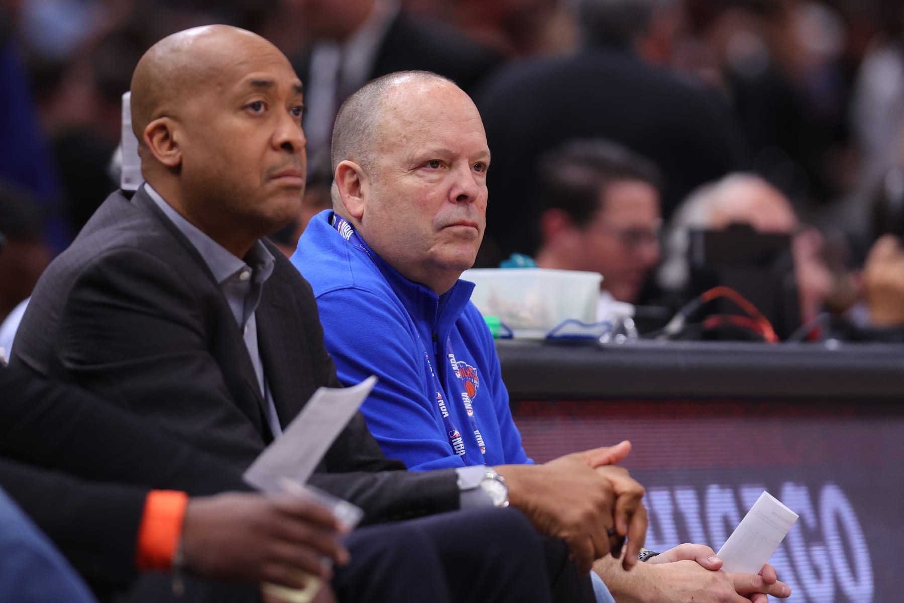 CHICAGO, ILLINOIS - DECEMBER 14: Executive Vice President and Senior Basketball Advisor William Wesley and President Leon Rose of the New York Knicks look on during the first half against the Chicago Bulls at United Center on December 14, 2022 in Chicago, Illinois. NOTE TO USER: User expressly acknowledges and agrees that, by downloading and or using this photograph, User is consenting to the terms and conditions of the Getty Images License Agreement. (Photo by Michael Reaves/Getty Images) CHICAGO, ILLINOIS - DECEMBER 14: Executive Vice President and Senior Basketball Advisor William Wesley and President Leon Rose of the New York Knicks look on during the first half against the Chicago Bulls at United Center on December 14, 2022 in Chicago, Illinois. NOTE TO USER: User expressly acknowledges and agrees that, by downloading and or using this photograph, User is consenting to the terms and conditions of the Getty Images License Agreement. (Photo by Michael Reaves/Getty Images)