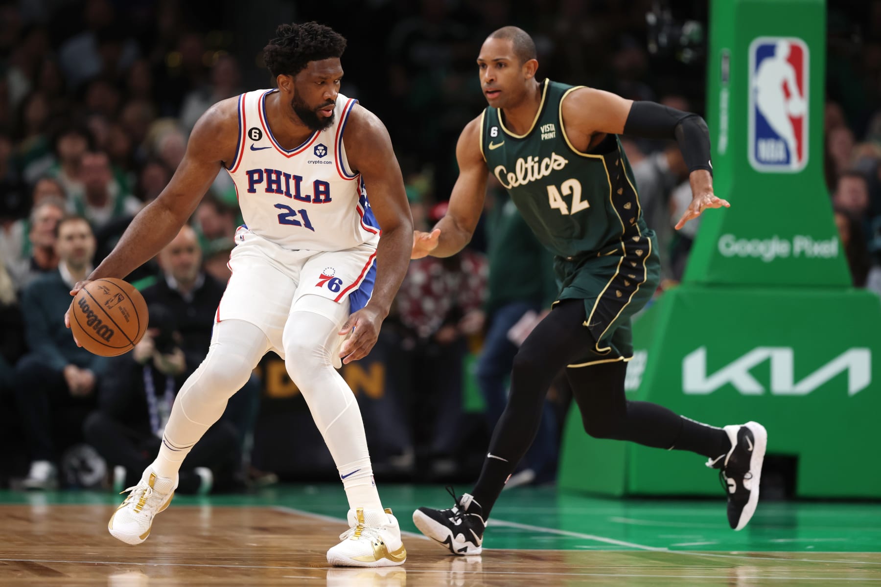 MASSACHUSETTS - MAY 09: Al Horford #42 of the Boston Celtic defends Joel Embiid #21 of the Philadelphia 76ers during the first quarter of game five of the Eastern Conference Second Round Playoffs at TD Garden on May 09, 2023 in Boston, Massachusetts.  NOTE TO USER: User expressly acknowledges and agrees that, by downloading and or using this photograph, User is consenting to the terms and conditions of the Getty Images License Agreement. (Photo by Maddie Meyer/Getty Images)