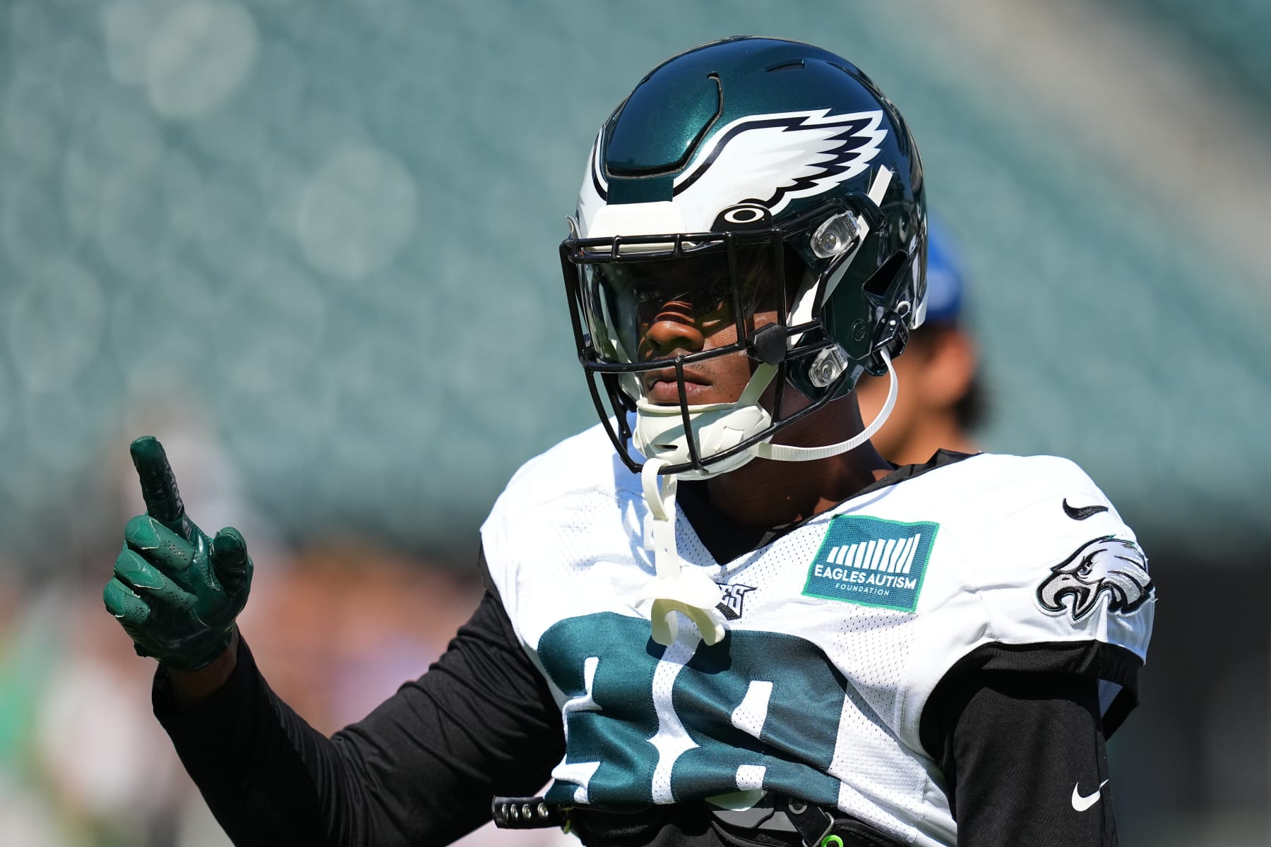 PHILADELPHIA, PENNSYLVANIA - AUGUST 9: Greedy Williams #38 of the Philadelphia Eagles looks on during Training Camp at Lincoln Financial Field on August 9, 2023 in Philadelphia, Pennsylvania. (Photo by Mitchell Leff/Getty Images)