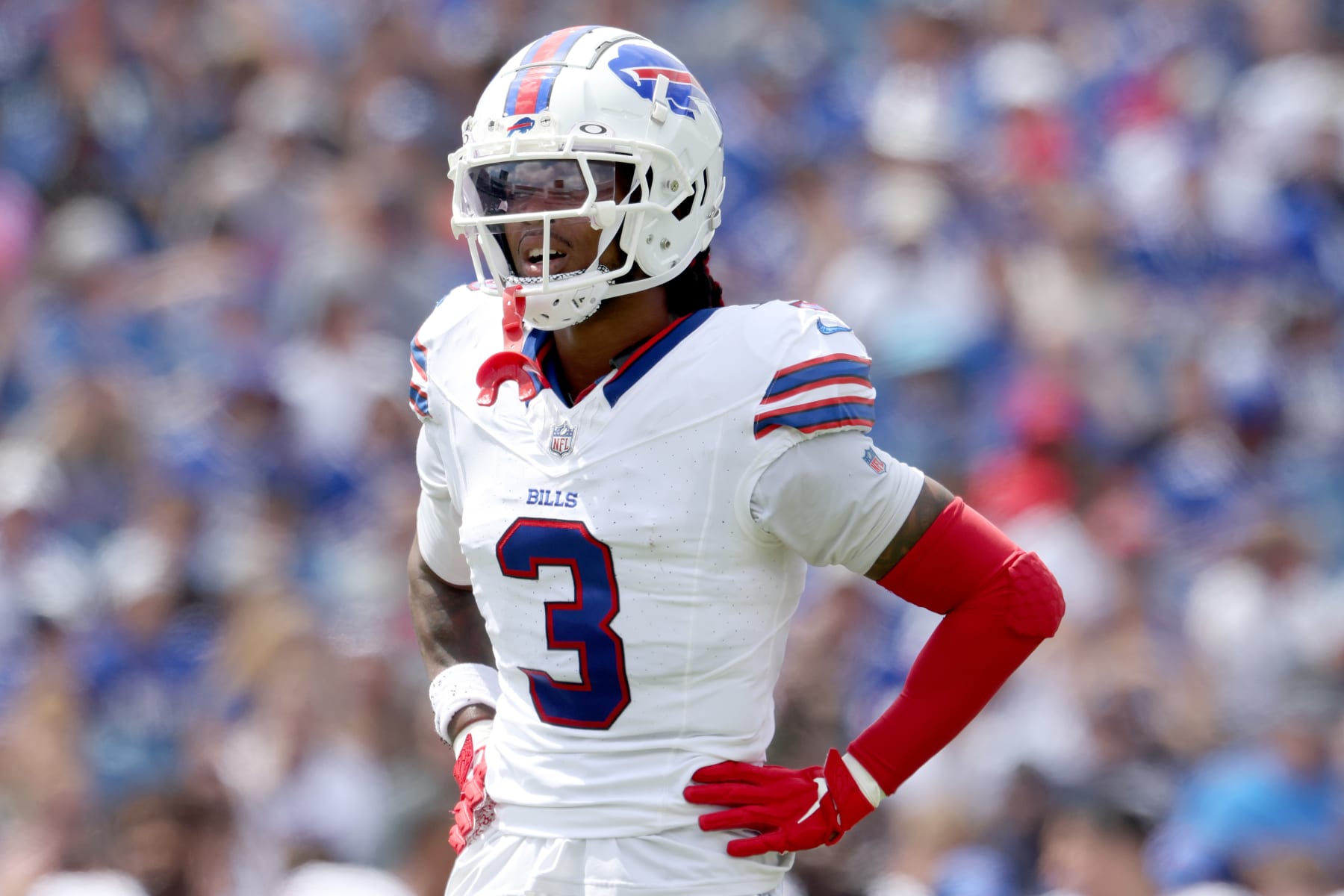 ORCHARD PARK, NEW YORK - AUGUST 12: Damar Hamlin #3 of the Buffalo Bills looks on during the first quarter of a preseason game against the Indianapolis Colts at Highmark Stadium on August 12, 2023 in Orchard Park, New York. (Photo by Bryan Bennett/Getty Images)