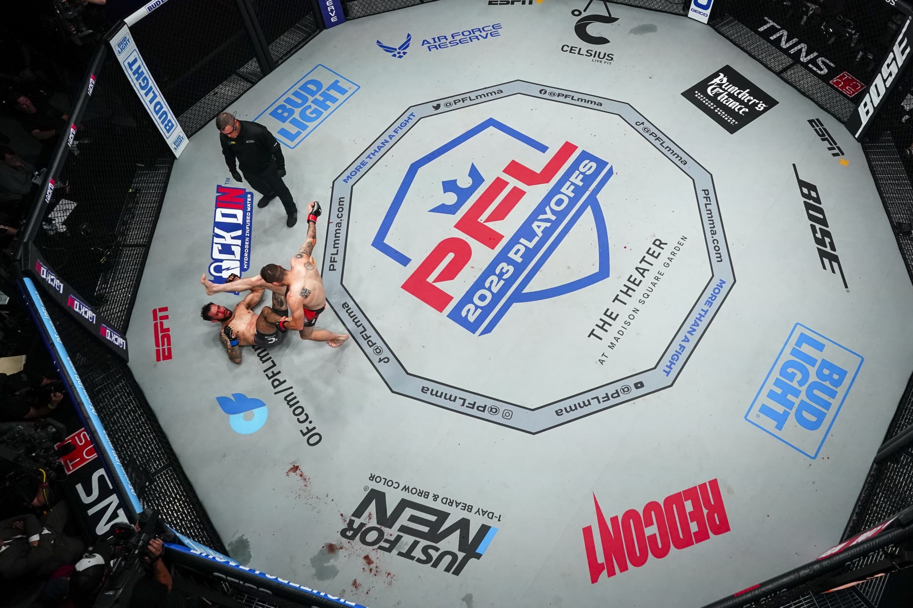 NEW YORK CITY, NY - AUGUST 23: Clay Collard throws a punch against Shane Burgos during PFL 2023 week 9 at The Theater at Madison Square Garden on August 23, 2023 in New York City. (Photo by Cooper Neill/Getty Images)