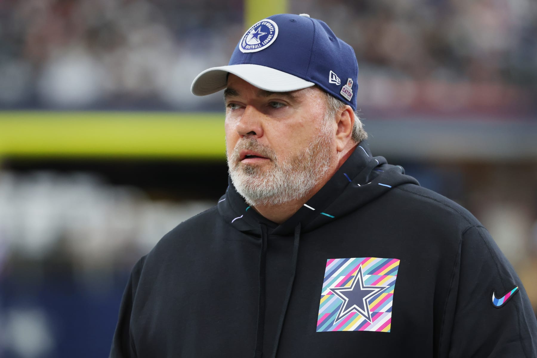 ARLINGTON, TEXAS - OCTOBER 01: Head coach Mike McCarthy of the Dallas Cowboys looks on prior to a game against the New England Patriots at AT&T Stadium on October 01, 2023 in Arlington, Texas. (Photo by Richard Rodriguez/Getty Images)