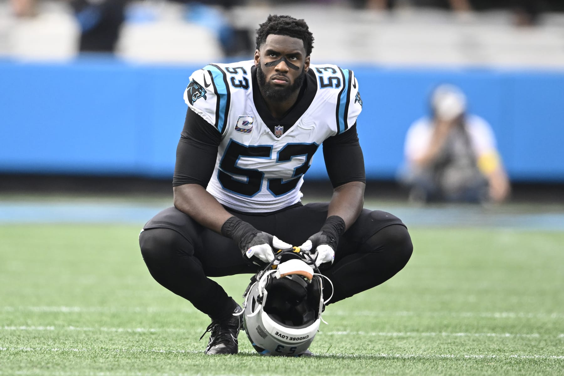 CHARLOTTE, NORTH CAROLINA - OCTOBER 09: Brian Burns #53 of the Carolina Panthers waits for a timeout to end in the second quarter of the game against the San Francisco 49ers at Bank of America Stadium on October 09, 2022 in Charlotte, North Carolina. (Photo by Eakin Howard/Getty Images)