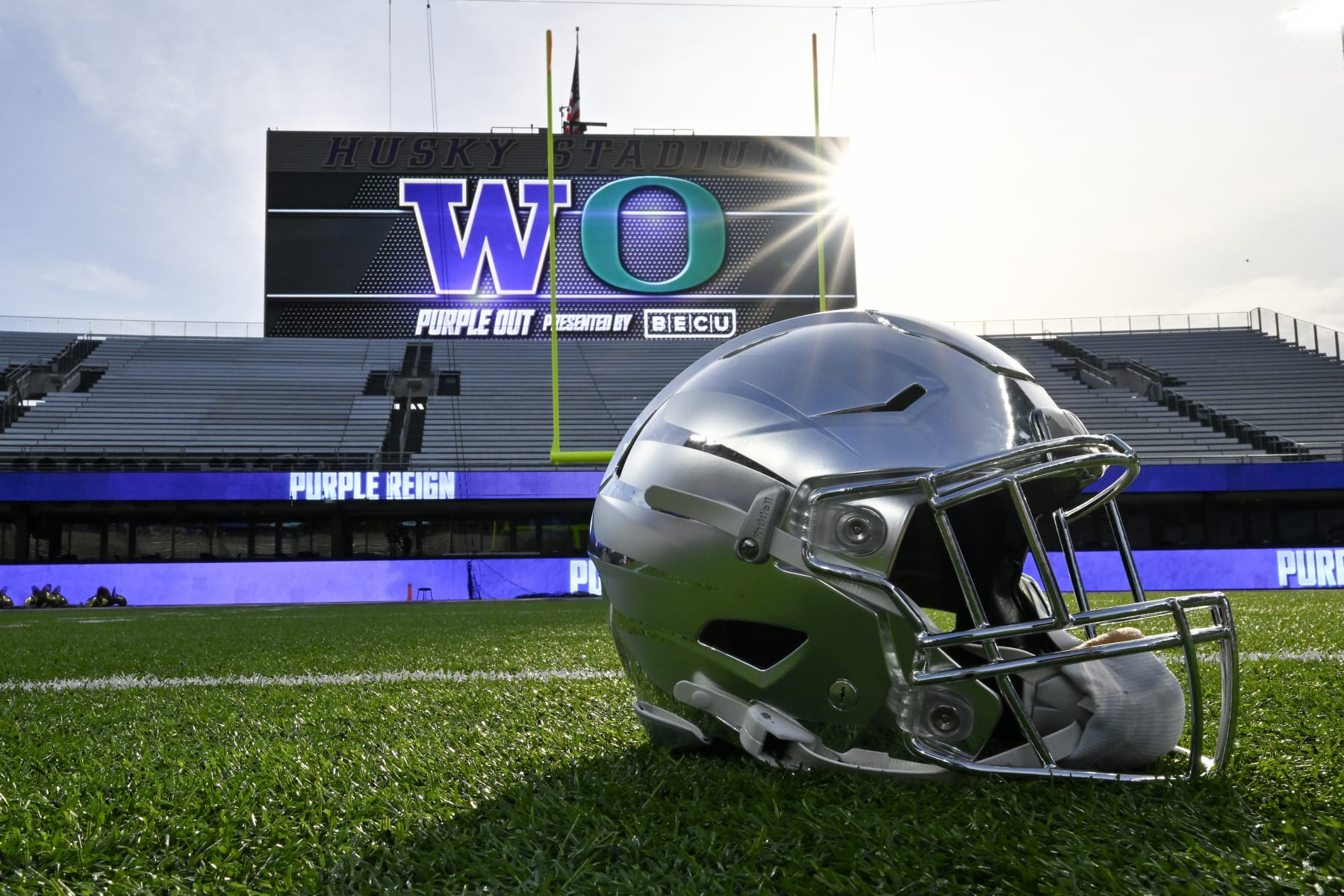 SEATTLE, WASHINGTON - OCTOBER 14: A view of an Oregon Ducks football helmet before the game against the Washington Huskies at Husky Stadium on October 14, 2023 in Seattle, Washington. (Photo by Alika Jenner/Getty Images)