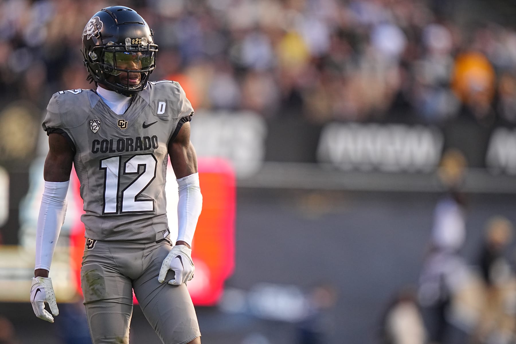 College Football: Colorado Travis Hunter (12) in action, stands on the field vs Arizona at Folsom Field. 
Boulder, CO 11/11/2023 
CREDIT: Erick W. Rasco (Photo by Erick W. Rasco/Sports Illustrated via Getty Images) 
(Set Number: X164462)