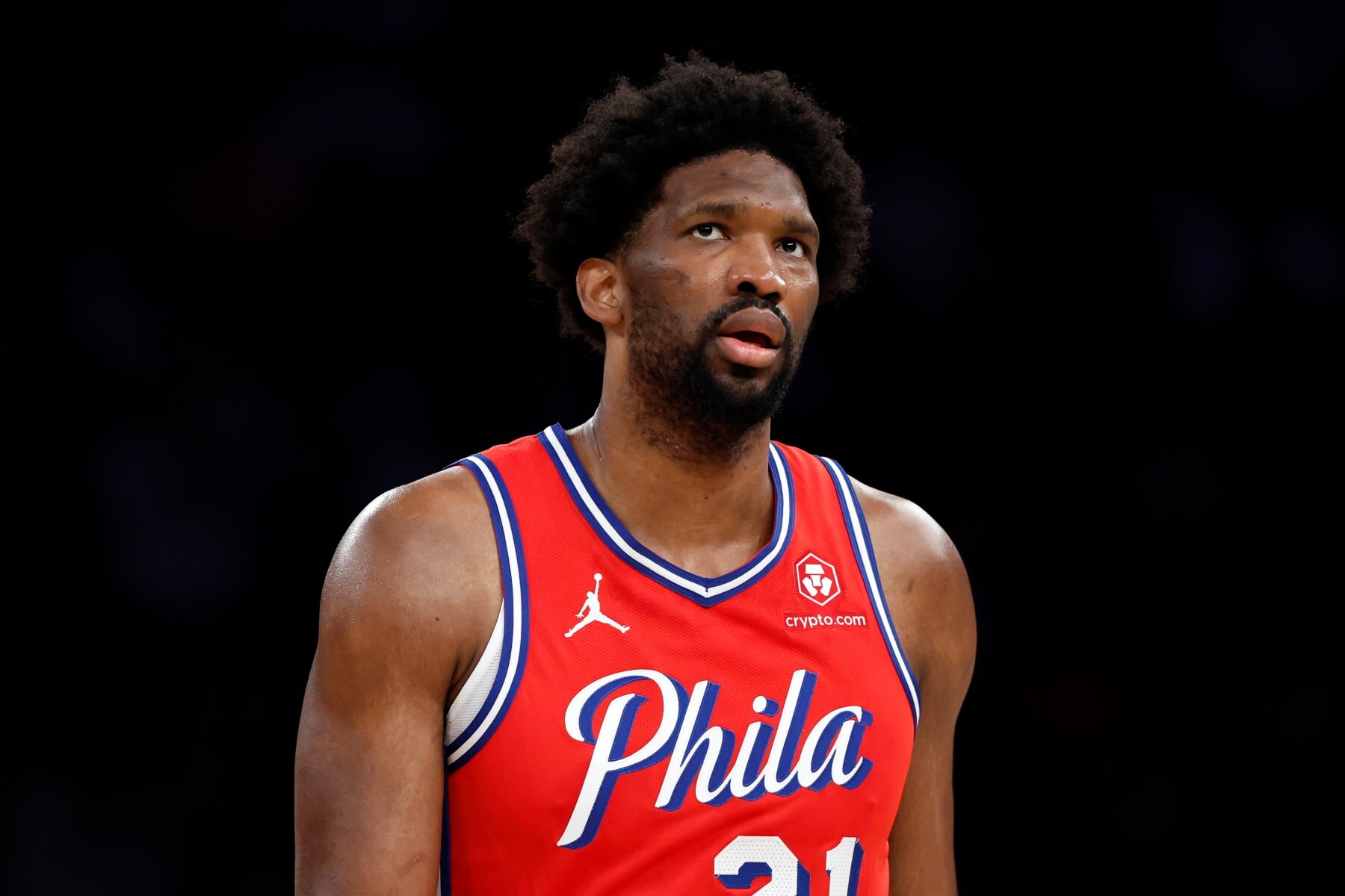 NEW YORK, NEW YORK - APRIL 22: Joel Embiid #21 of the Philadelphia 76ers looks on during the game against the New York Knicks in Game Two of the Eastern Conference First Round Playoffs at Madison Square Garden on April 22, 2024 in New York City. The Knicks won 104-101. NOTE TO USER: User expressly acknowledges and agrees that, by downloading and or using this photograph, User is consenting to the terms and conditions of the Getty Images License Agreement. (Photo by Sarah Stier/Getty Images)