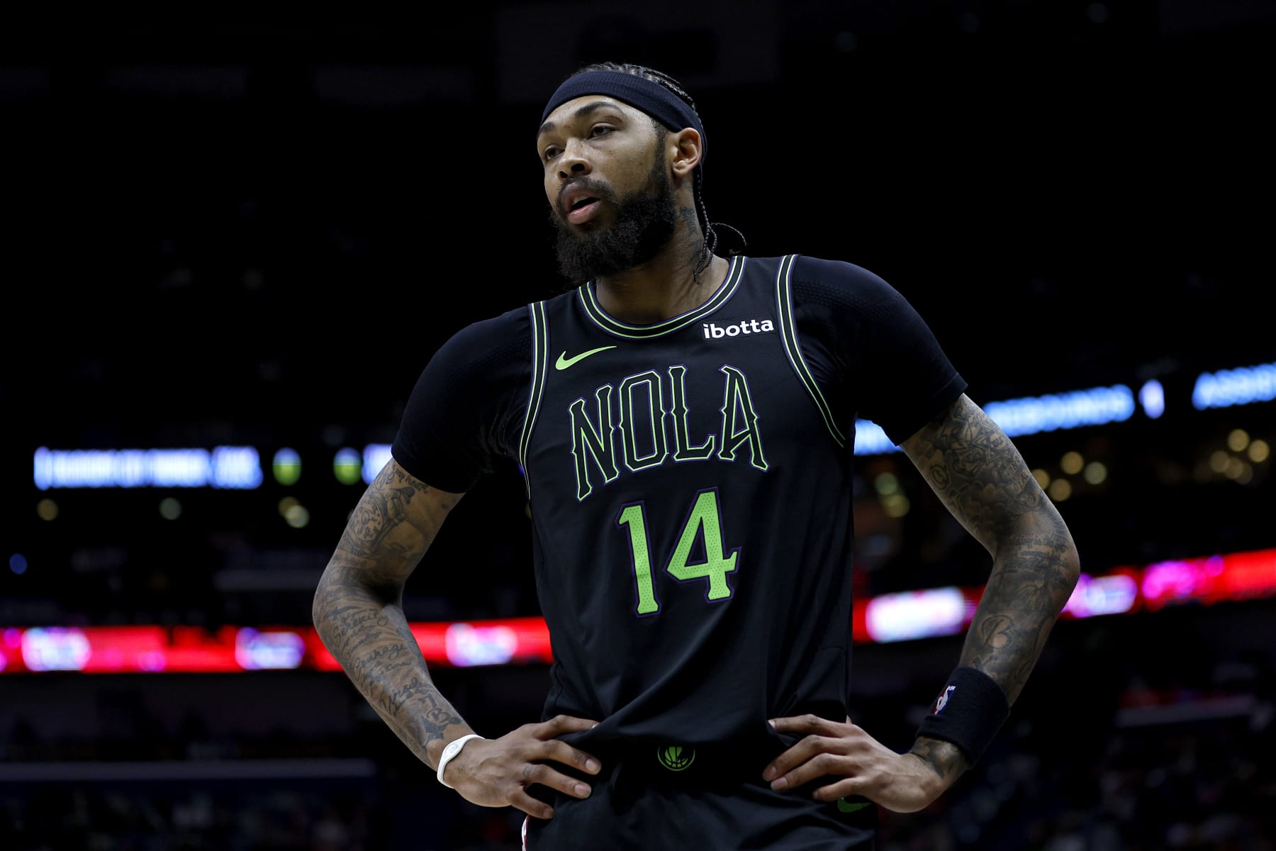 NEW ORLEANS, LOUISIANA - JANUARY 26: Brandon Ingram #14 of the New Orleans Pelicans stand on the court during the first quarter of an NBA game against the Oklahoma City Thunder at Smoothie King Center on January 26, 2024 in New Orleans, Louisiana. NOTE TO USER: User expressly acknowledges and agrees that, by downloading and or using this photograph, User is consenting to the terms and conditions of the Getty Images License Agreement. (Photo by Sean Gardner/Getty Images)