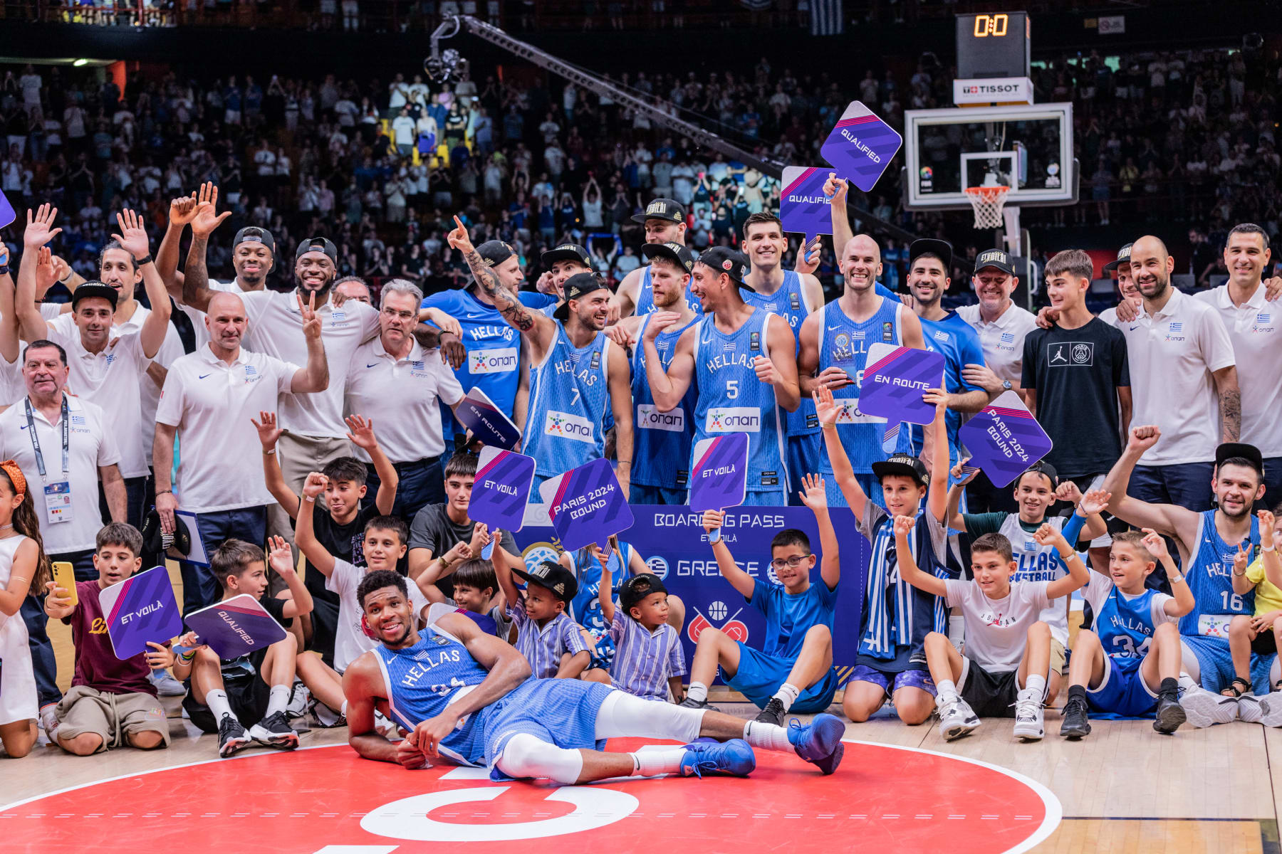 PIRAEUS, GREECE - 2024/07/07: The Greek national team celebrates after winning the Olympic Qualifying Tournament final match between Greece and Croatia at the Peace and Friendship Stadium. Final score: Greece 80-69 Croatia. (Photo by Nicholas Muller/SOPA Images/LightRocket via Getty Images)