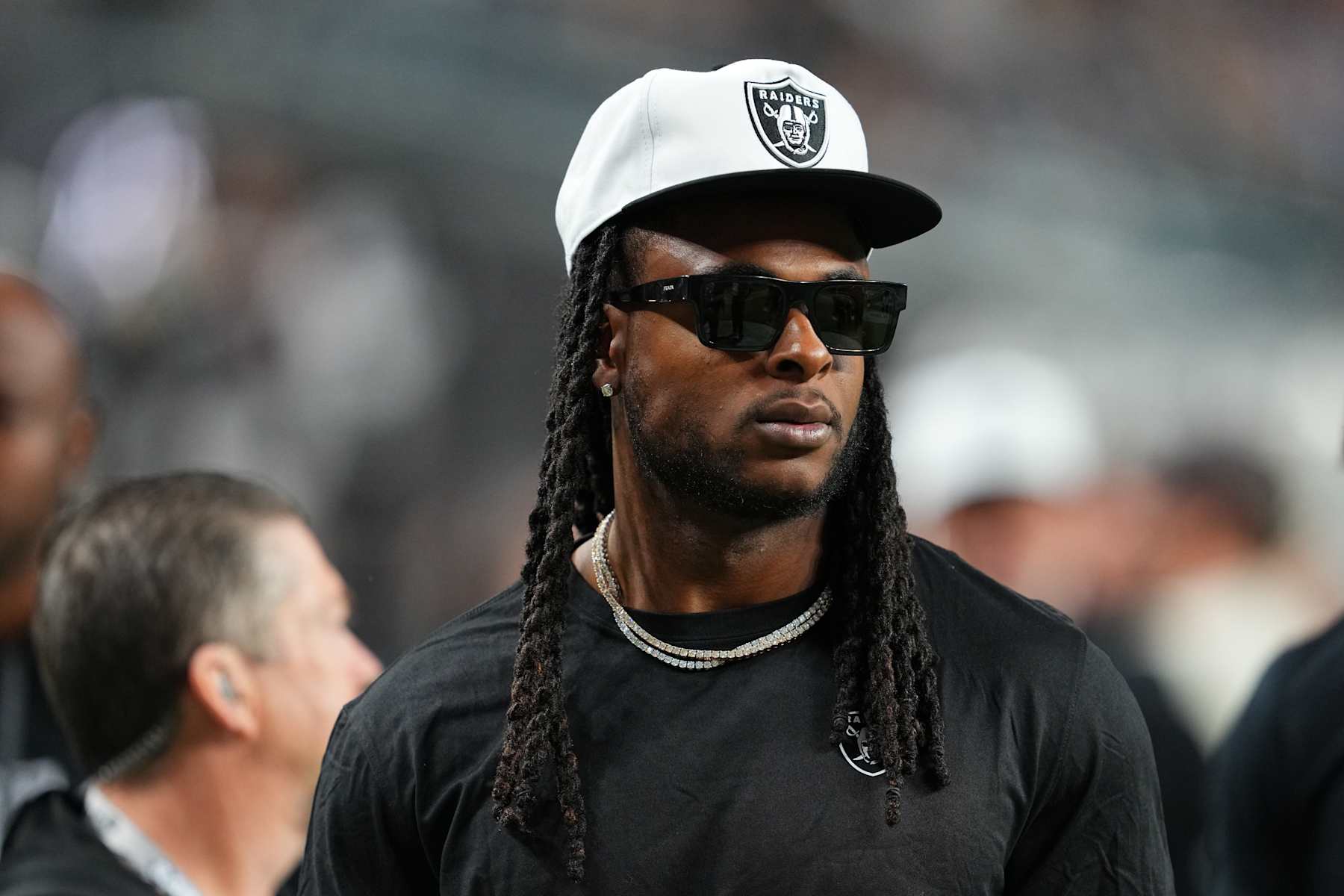 LAS VEGAS, NEVADA - AUGUST 23:  Wide receiver Davante Adams #17 of the Las Vegas Raiders looks on during warmups before a preseason game against the San Francisco 49ers at Allegiant Stadium on August 23, 2024 in Las Vegas, Nevada. (Photo by Chris Unger/Getty Images)