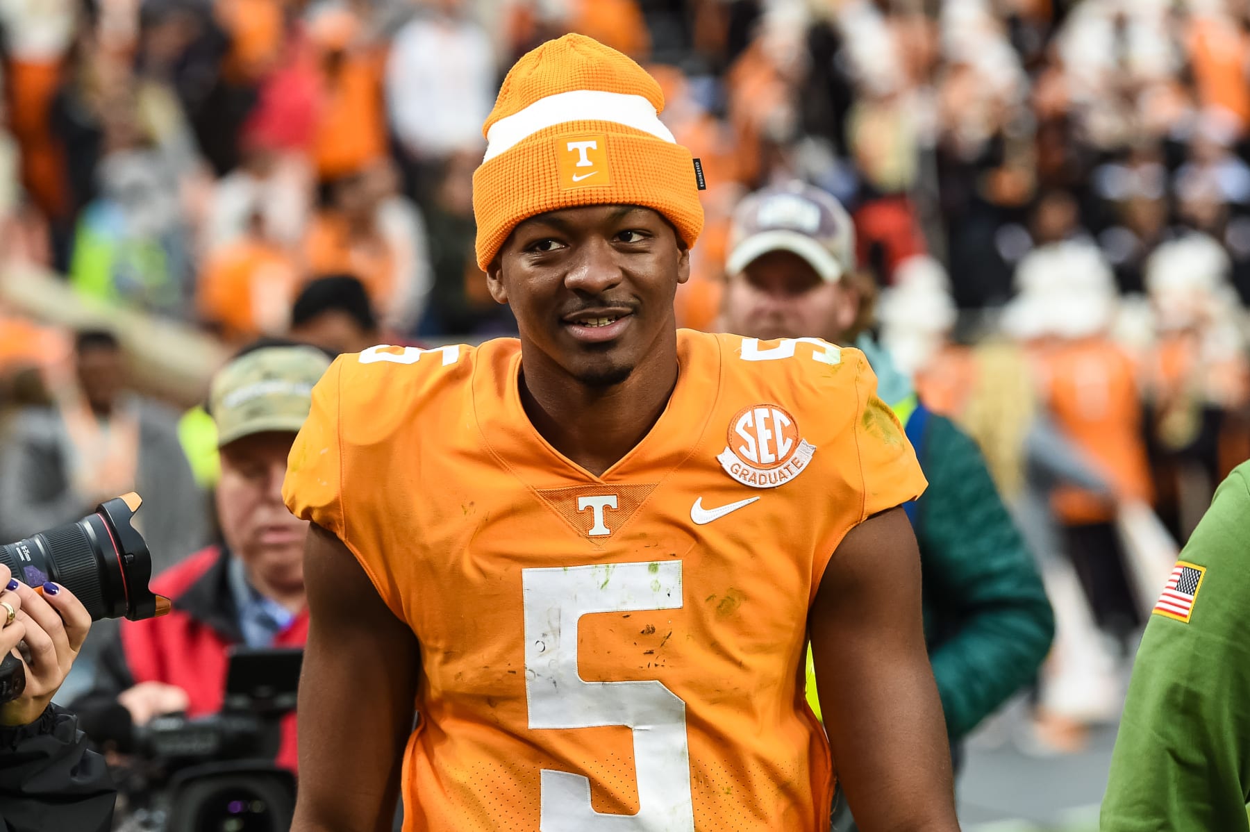KNOXVILLE, TN - NOVEMBER 12: Tennessee Volunteers quarterback Hendon Hooker (5) walks off the field after the college football game between the Tennessee Volunteers and the Missouri Tigers on November 12, 2022, at Neyland Stadium, in Knoxville, TN. (Photo by Bryan Lynn/Icon Sportswire via Getty Images)