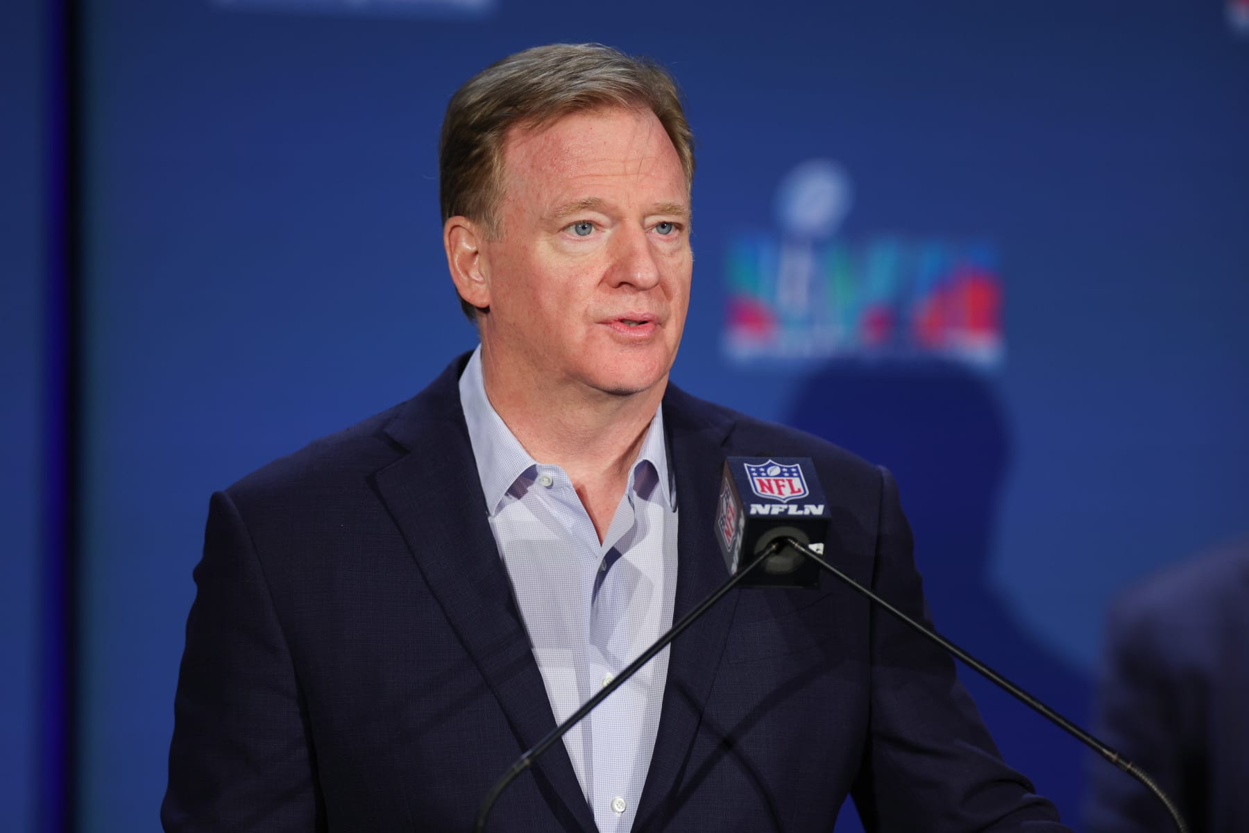 PHOENIX, ARIZONA - FEBRUARY 13: NFL Commissioner Roger Goodell speaks during the Super Bowl LVII Host Committee Handoff Press Conference at Phoenix Convention Center on February 13, 2023 in Phoenix, Arizona. (Photo by Carmen Mandato/Getty Images)