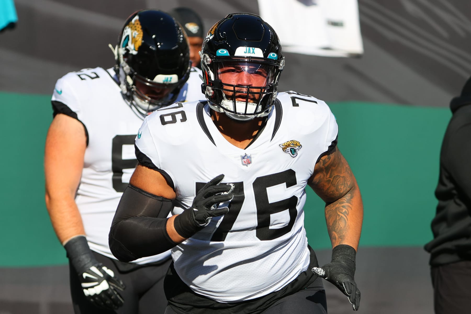 EAST RUTHERFORD, NJ - DECEMBER 26:  Jacksonville Jaguars offensive tackle Will Richardson (76) prior to the National Football League game between the New York Jets and the Jacksonville Jaguars on Decsmber 26, 2021 at MetLife Stadium in East Rutherford, NJ.  (Photo by Rich Graessle/Icon Sportswire via Getty Images)