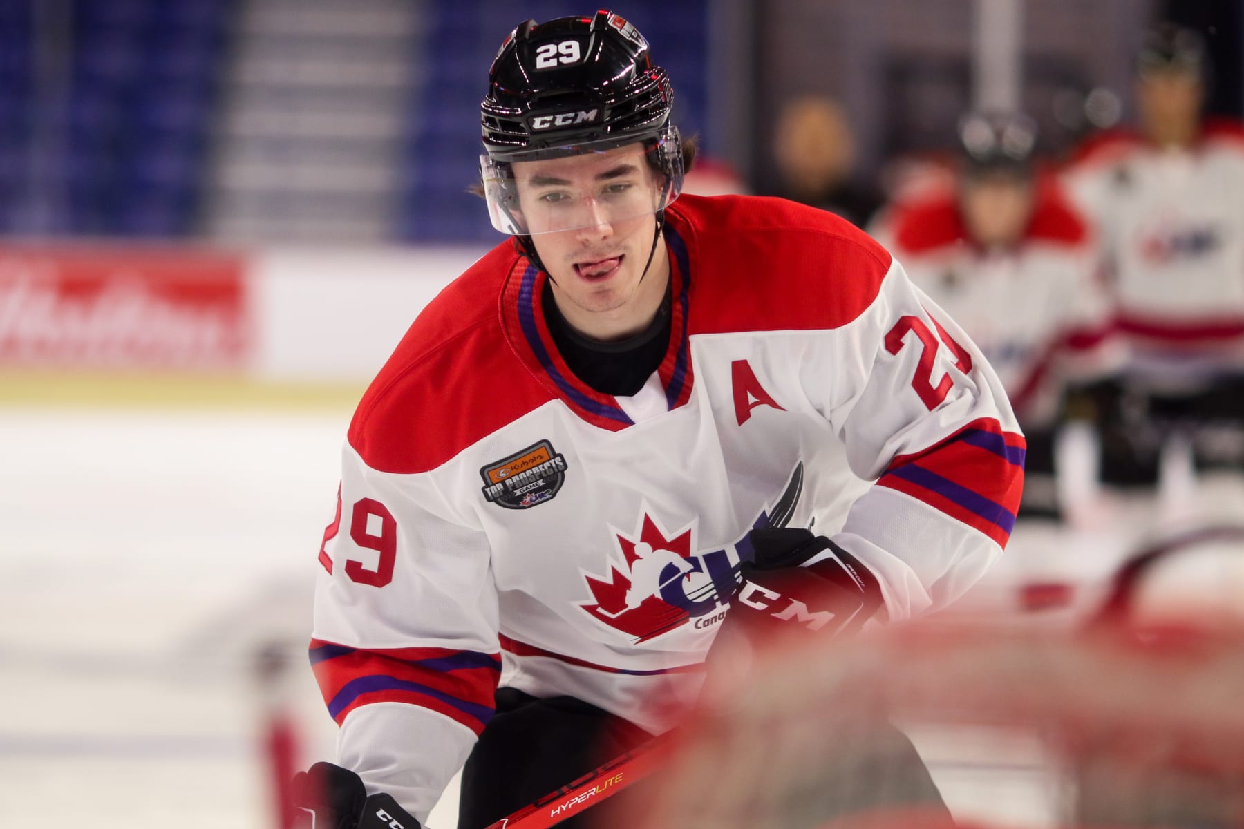LANGLEY, BRITISH COLUMBIA - JANUARY 25: Forward Brayden Yager #29 of the Moose Jaw Warriors skates for Team White during the 2023 Kubota CHL Top Prospects Game Practice at the Langley Events Centre on January 25, 2023 in Langley, British Columbia. (Photo by Dennis Pajot/Getty Images)