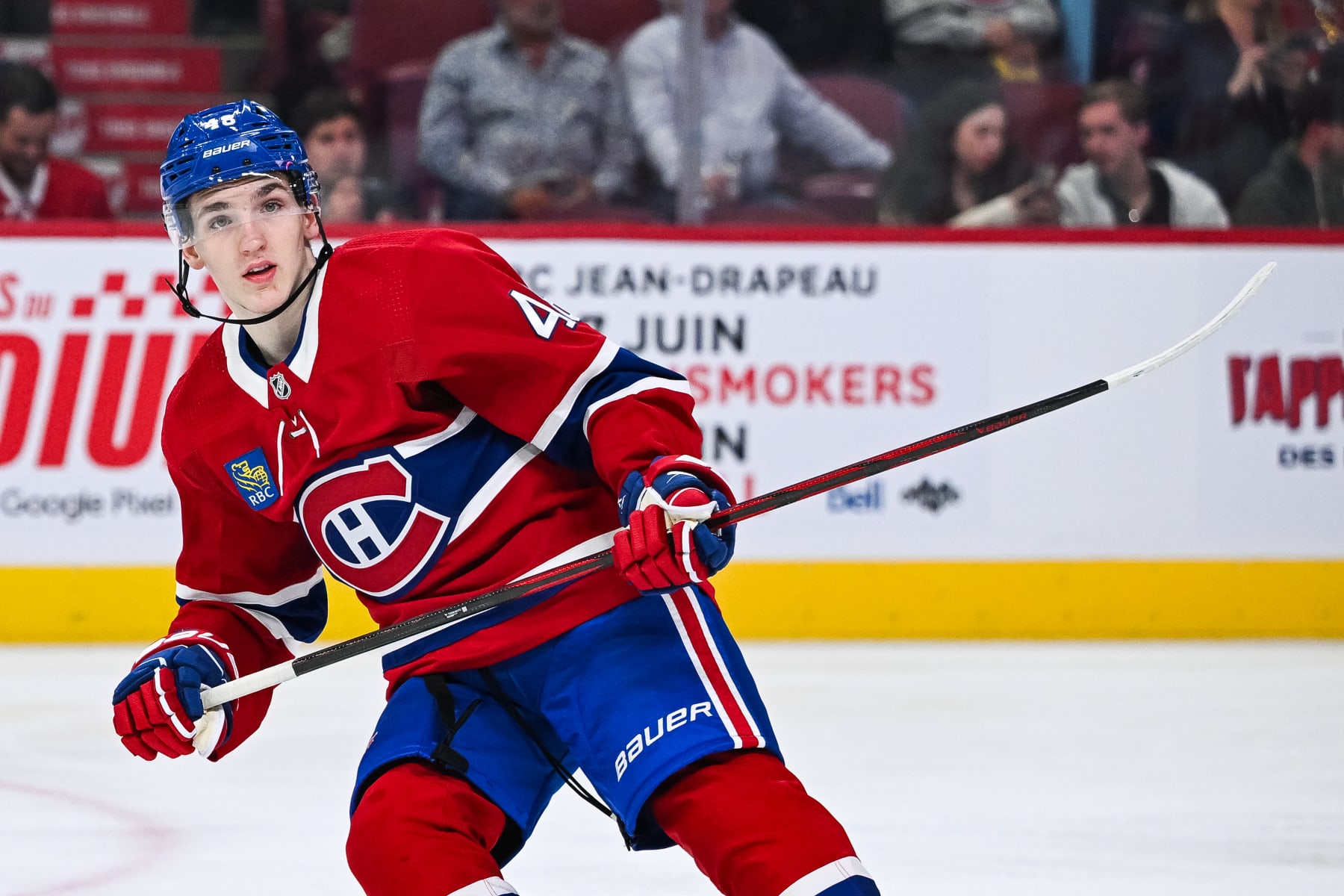 MONTREAL, QC - APRIL 16: Montreal Canadiens defenseman Lane Hutson (48) tracks the play during the Detroit Red Wings versus the Montreal Canadiens game on April 16, 2024, at Bell Centre in Montreal, QC (Photo by David Kirouac/Icon Sportswire via Getty Images)