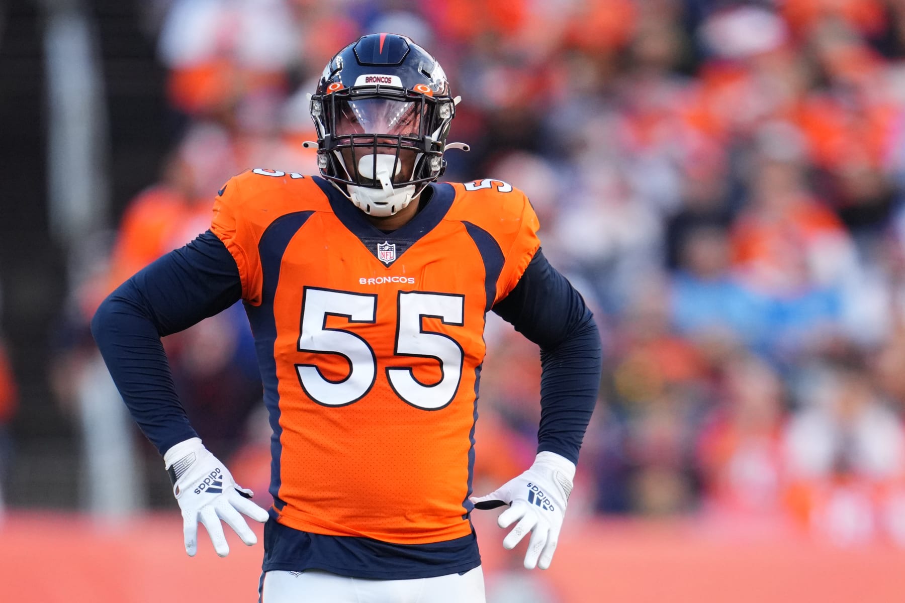 DENVER, COLORADO - DECEMBER 12: Bradley Chubb #55 of the Denver Broncos gets set against the Detroit Lions during an NFL game at Empower Field At Mile High on December 12, 2021 in Denver, Colorado. (Photo by Cooper Neill/Getty Images)