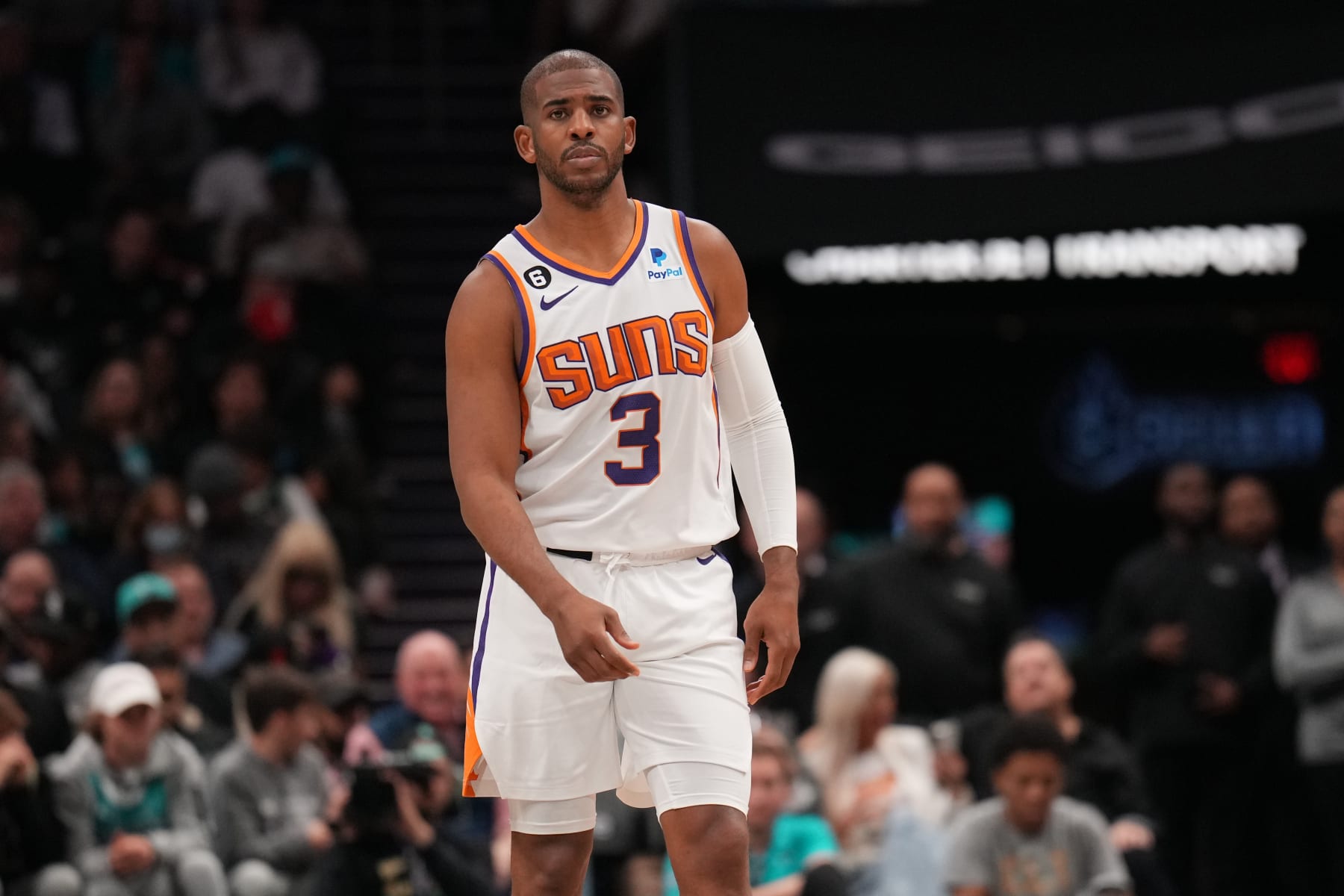 CHARLOTTE, NC - MARCH 1:  Chris Paul #3 of the Phoenix Suns looks on against the Charlotte Hornets on March 1, 2023 at Spectrum Center in Charlotte, North Carolina. NOTE TO USER: User expressly acknowledges and agrees that, by downloading and or using this photograph, User is consenting to the terms and conditions of the Getty Images License Agreement. Mandatory Copyright Notice: Copyright 2023 NBAE (Photo by Jesse D. Garrabrant/NBAE via Getty Images)