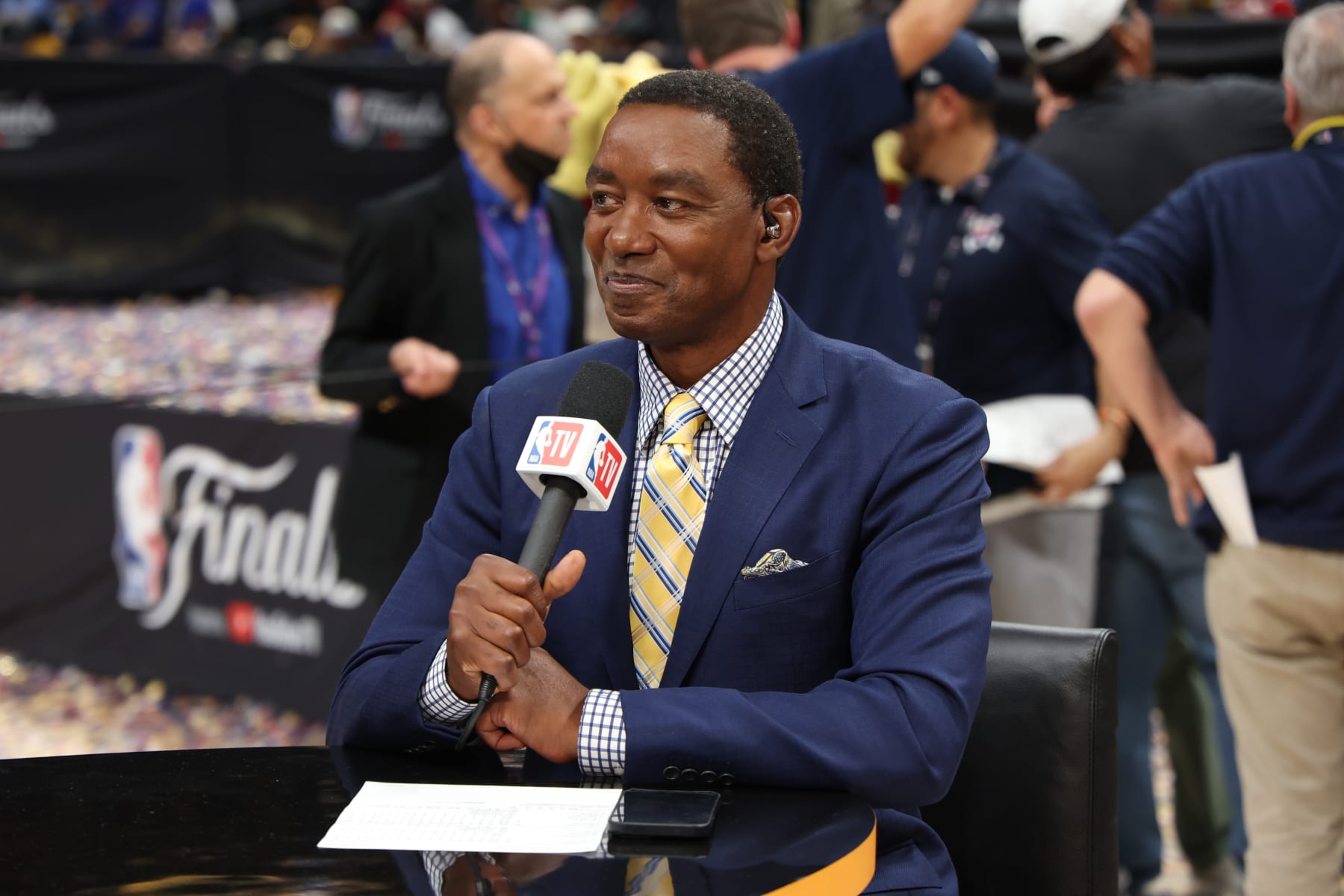 DENVER, CO - JUNE 12:  NBA TV analyst Isiah Thomas looks on after Game Five of the 2023 NBA Finals on June 12, 2023 at Ball Arena in Denver, Colorado. NOTE TO USER: User expressly acknowledges and agrees that, by downloading and or using this Photograph, user is consenting to the terms and conditions of the Getty Images License Agreement. Mandatory Copyright Notice: Copyright 2023 NBAE (Photo by Joe Murphy/NBAE via Getty Images)