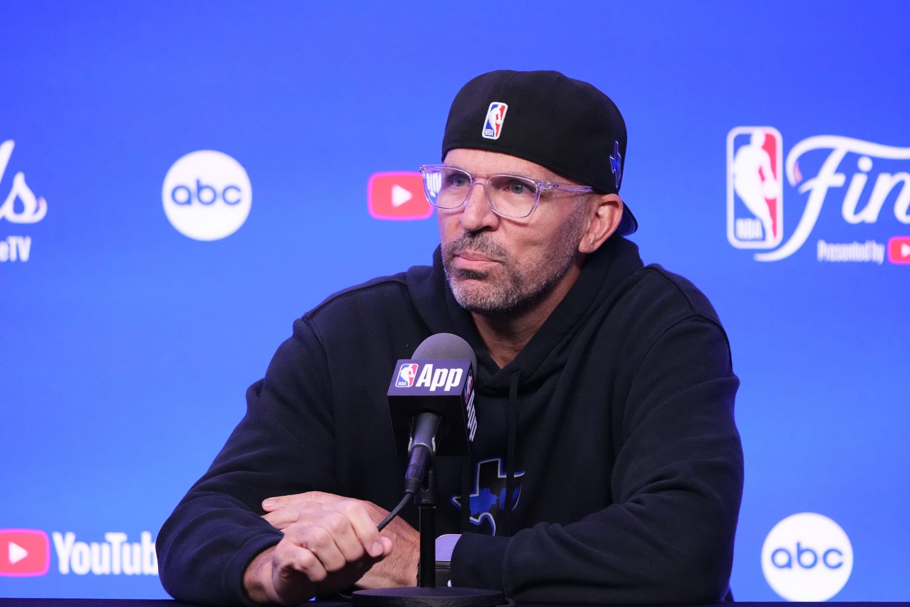 BOSTON, MA - JUNE 6: Head Coach Jason Kidd of the Dallas Mavericks talks to the media before the game against the Boston Celtics during Game 1 of the 2024 NBA Finals on June 6, 2024 at the TD Garden in Boston, Massachusetts. NOTE TO USER: User expressly acknowledges and agrees that, by downloading and or using this photograph, User is consenting to the terms and conditions of the Getty Images License Agreement. Mandatory Copyright Notice: Copyright 2024 NBAE  (Photo by Garrett Ellwood/NBAE via Getty Images)