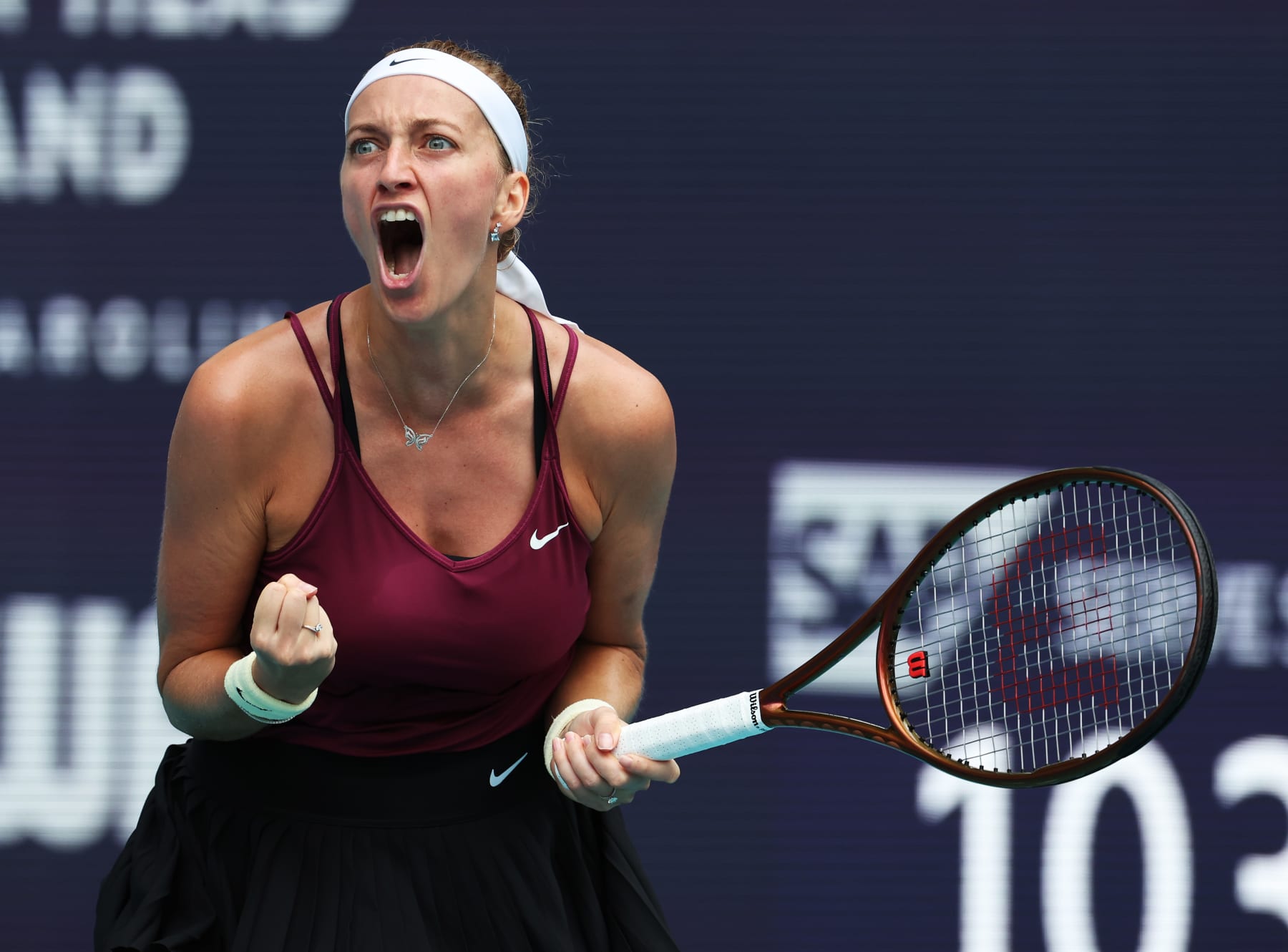 MIAMI GARDENS, FLORIDA - APRIL 01: Petra Kvitova of Czechia celebrates a point against Elena Rybakina of Kazakhstan during the Finals of the Miami Open at Hard Rock Stadium on April 01, 2023 in Miami Gardens, Florida. (Photo by Al Bello/Getty Images)