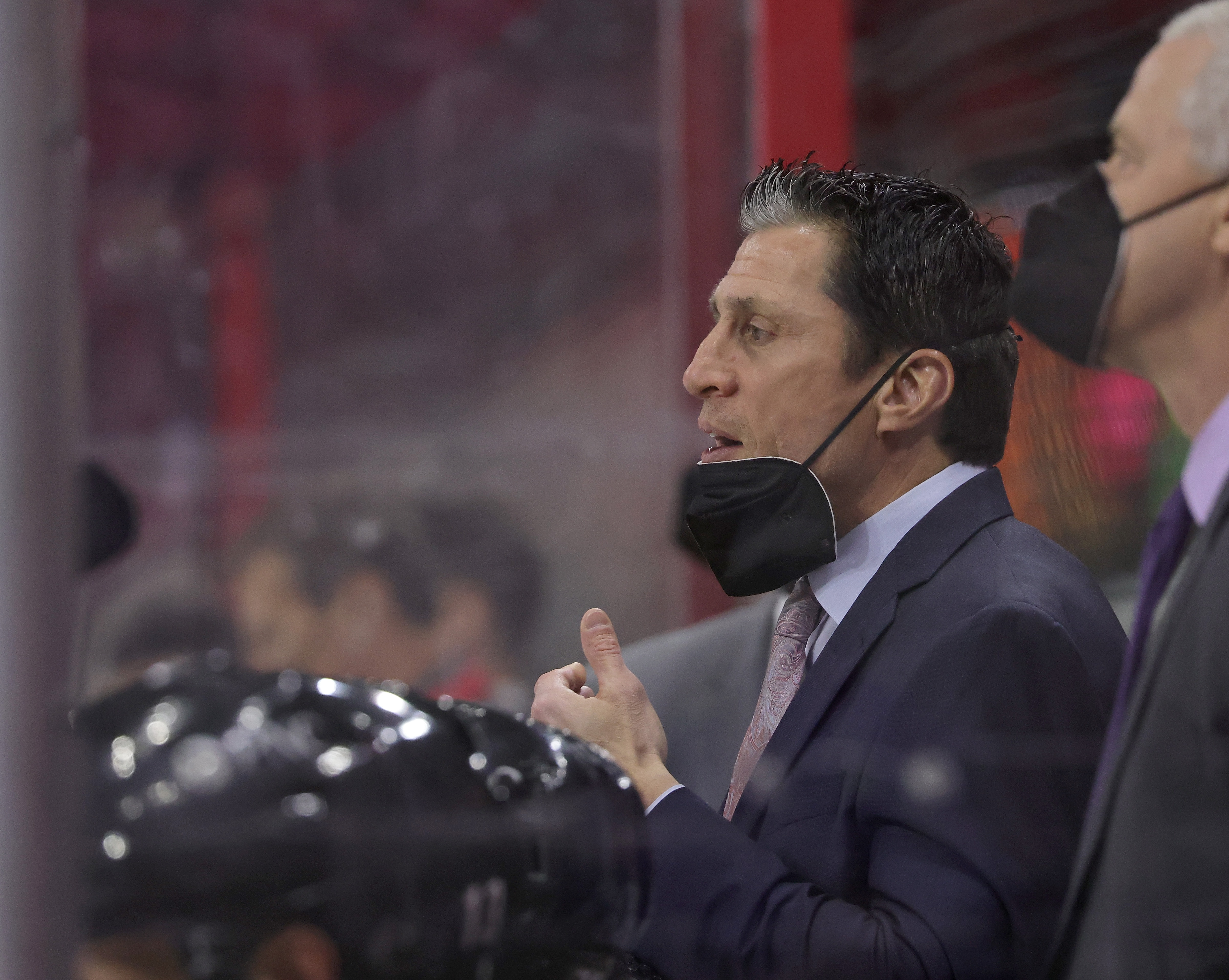 RALEIGH, NC - MAY 3: Rod Brind'Amour of the Carolina Hurricanes uses a coach's challenge on a goal interference call and wins during an NHL game against the Chicago Blackhawks on May 3, 2021 at PNC Arena in Raleigh, North Carolina. (Photo by Gregg Forwerck/NHLI via Getty Images)