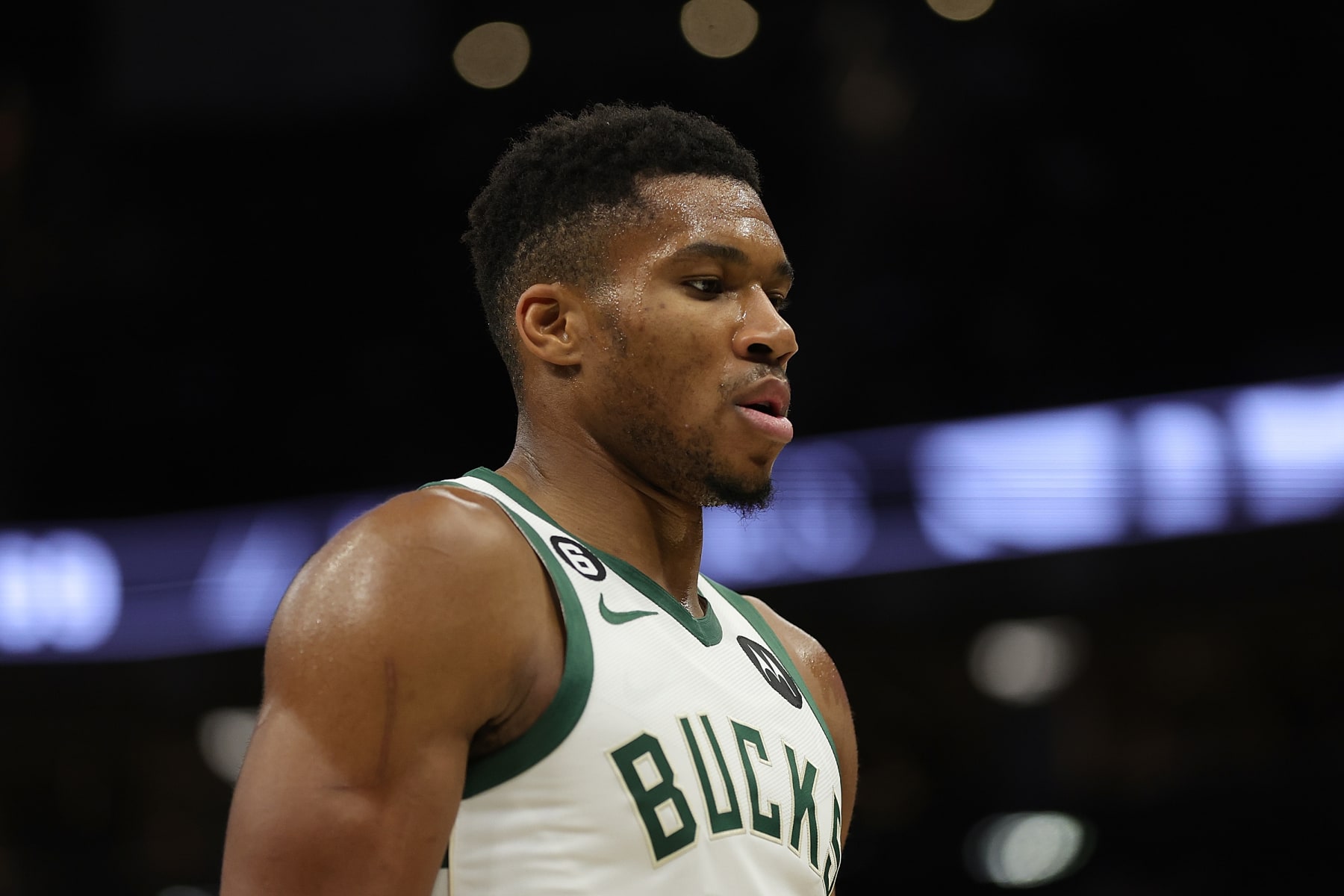 MILWAUKEE, WISCONSIN - OCTOBER 12: Giannis Antetokounmpo #34 of the Milwaukee Bucks walks to the bench during a preseason game against the Brooklyn Nets at Fiserv Forum on October 12, 2022 in Milwaukee, Wisconsin. NOTE TO USER: User expressly acknowledges and agrees that, by downloading and or using this photograph, User is consenting to the terms and conditions of the Getty Images License Agreement. (Photo by Stacy Revere/Getty Images)