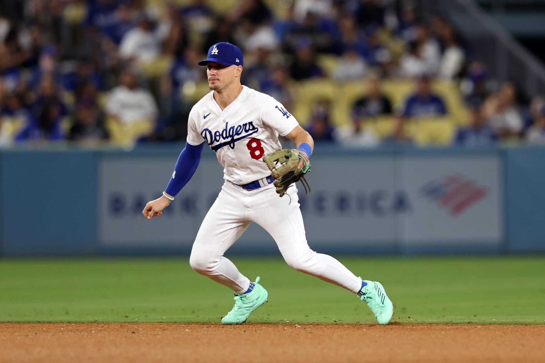 LOS ANGELES, CA - OCTOBER 07: Kiké Hernandez #8 of the Los Angeles Dodgers in action during Game 1 of the Division Series between the Arizona Diamondbacks and the Los Angeles Dodgers at Dodger Stadium on Saturday, October 7, 2023 in Los Angeles, California. (Photo by Rob Leiter/MLB Photos via Getty Images)