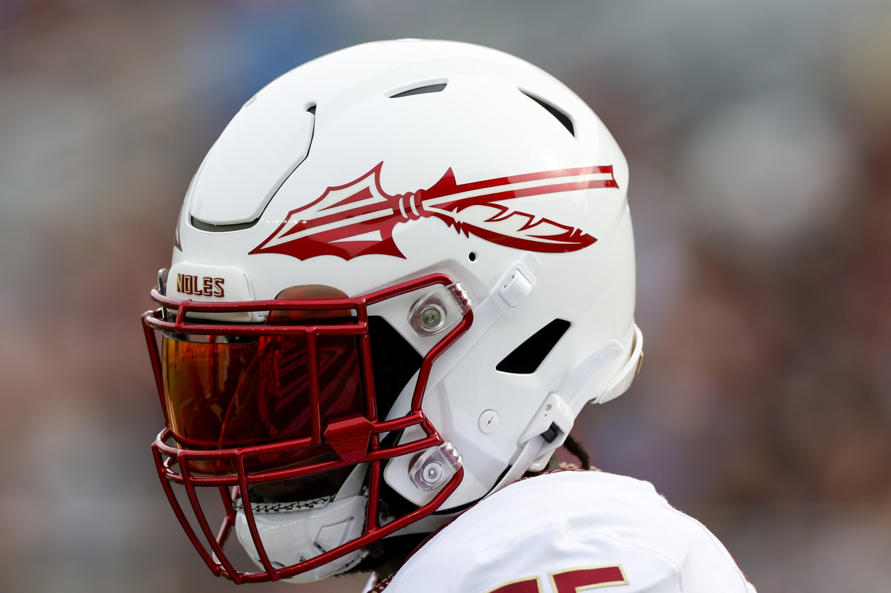 TALLAHASSEE, FL - APRIL 15: A model shows off the Florida State Seminoles alternate helmet for the 2023 season during the Florida State Garnet & Gold Spring Showcase on April 15, 2023 at Bobby Bowden Field at Doak Campbell Stadium in Tallahassee, Fl. (Photo by David Rosenblum/Icon Sportswire via Getty Images)