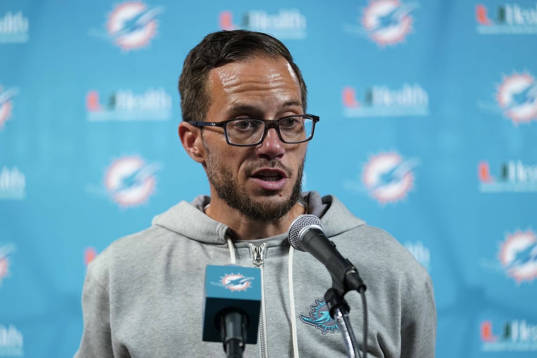 Miami Dolphins head coach Mike McDaniel during a news conference following an NFL preseason football game against the Houston Texans, Saturday, Aug. 19, 2023, in Houston. (AP Photo/Eric Gay)